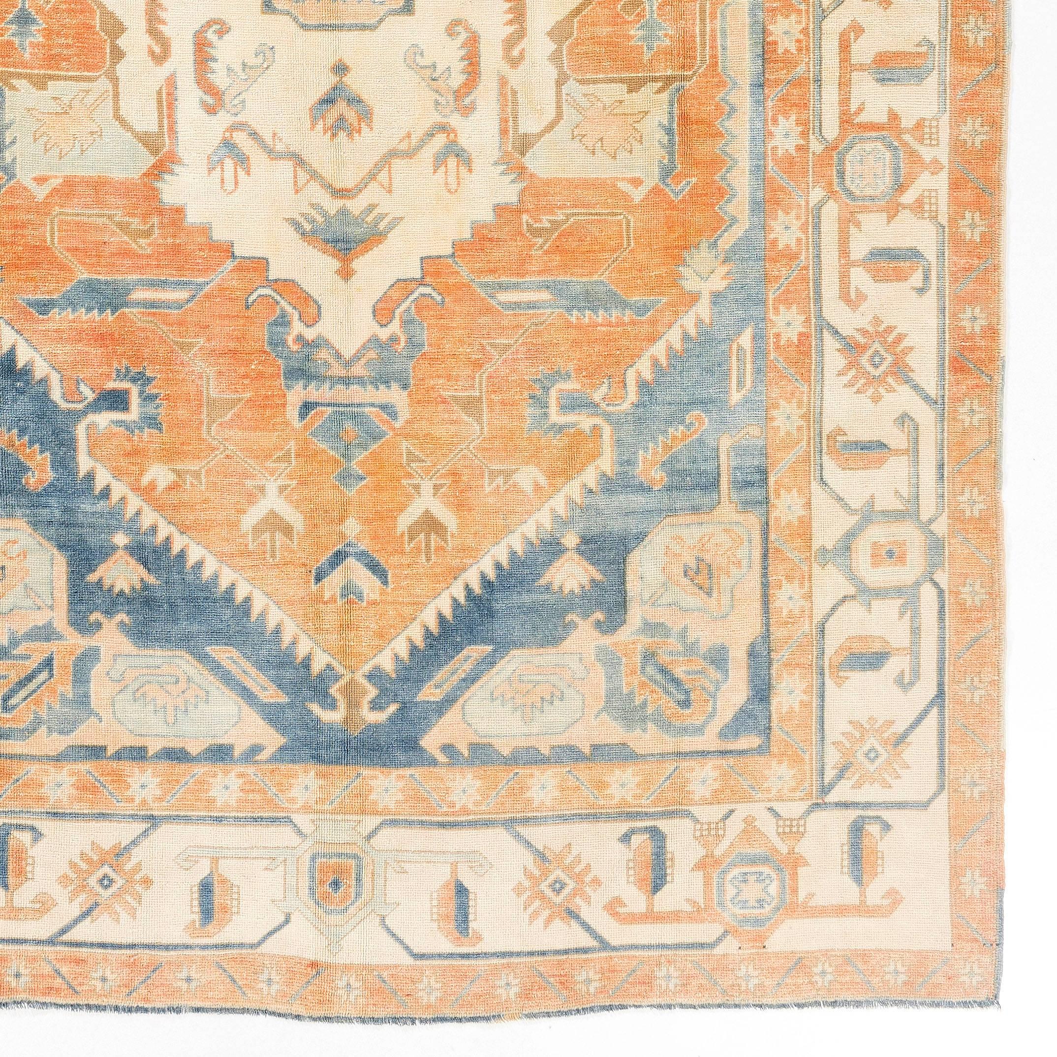 Oushak 8.8x12.4 Vintage Anatolian Wool Rug. Light Blue, Rust, Peach Ivory-Cream Colors 