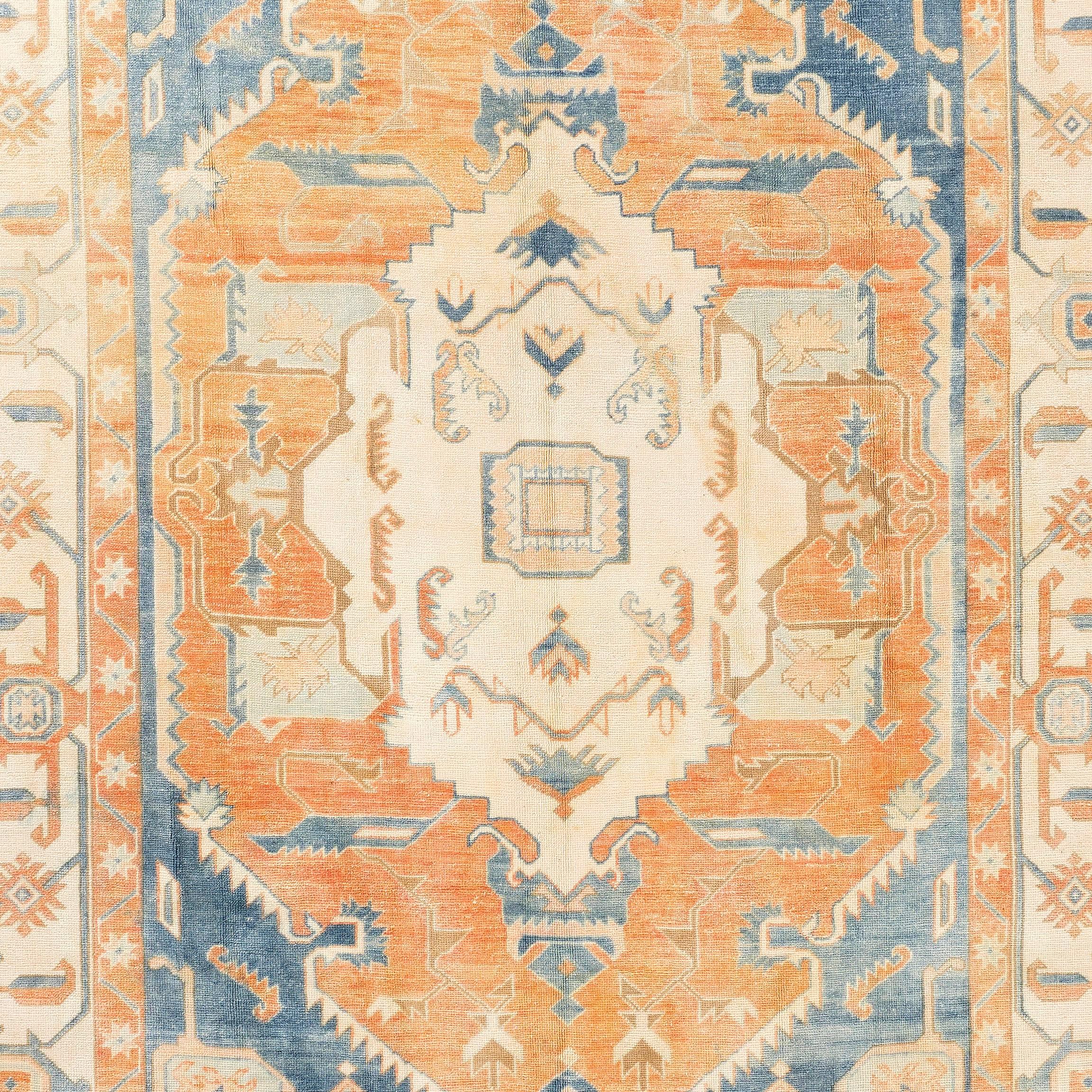 Turkish 8.8x12.4 Vintage Anatolian Wool Rug. Light Blue, Rust, Peach Ivory-Cream Colors 