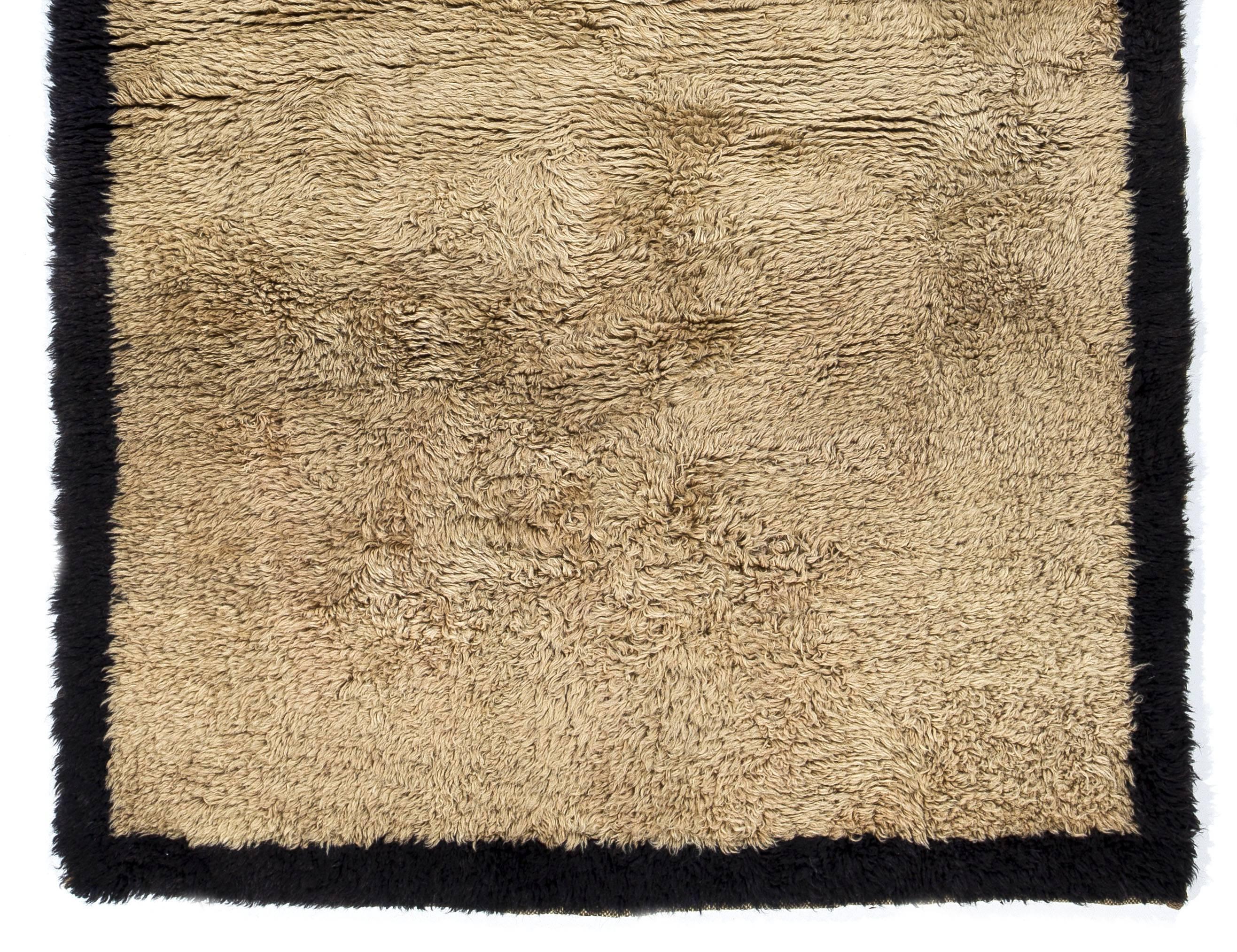 Hand-Knotted Minimalist Anatolian Tulu Rug Made of Natural Beige and Black Wool