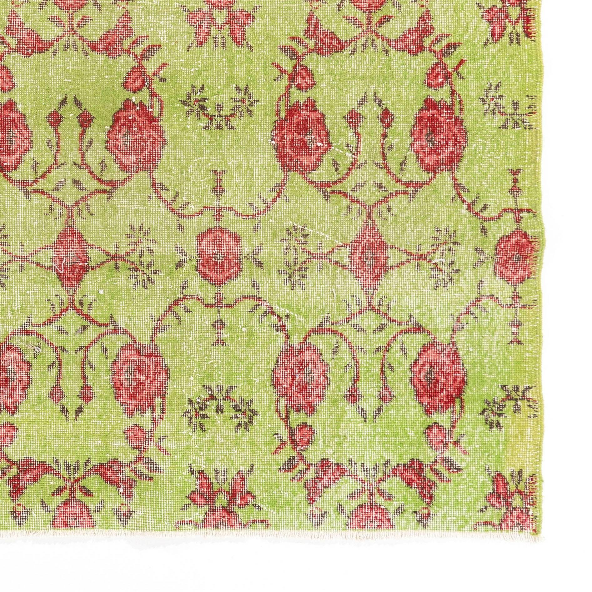 Art Deco Floral Mid-Century Turkish Deco Rug in Lime Green and Rose Color