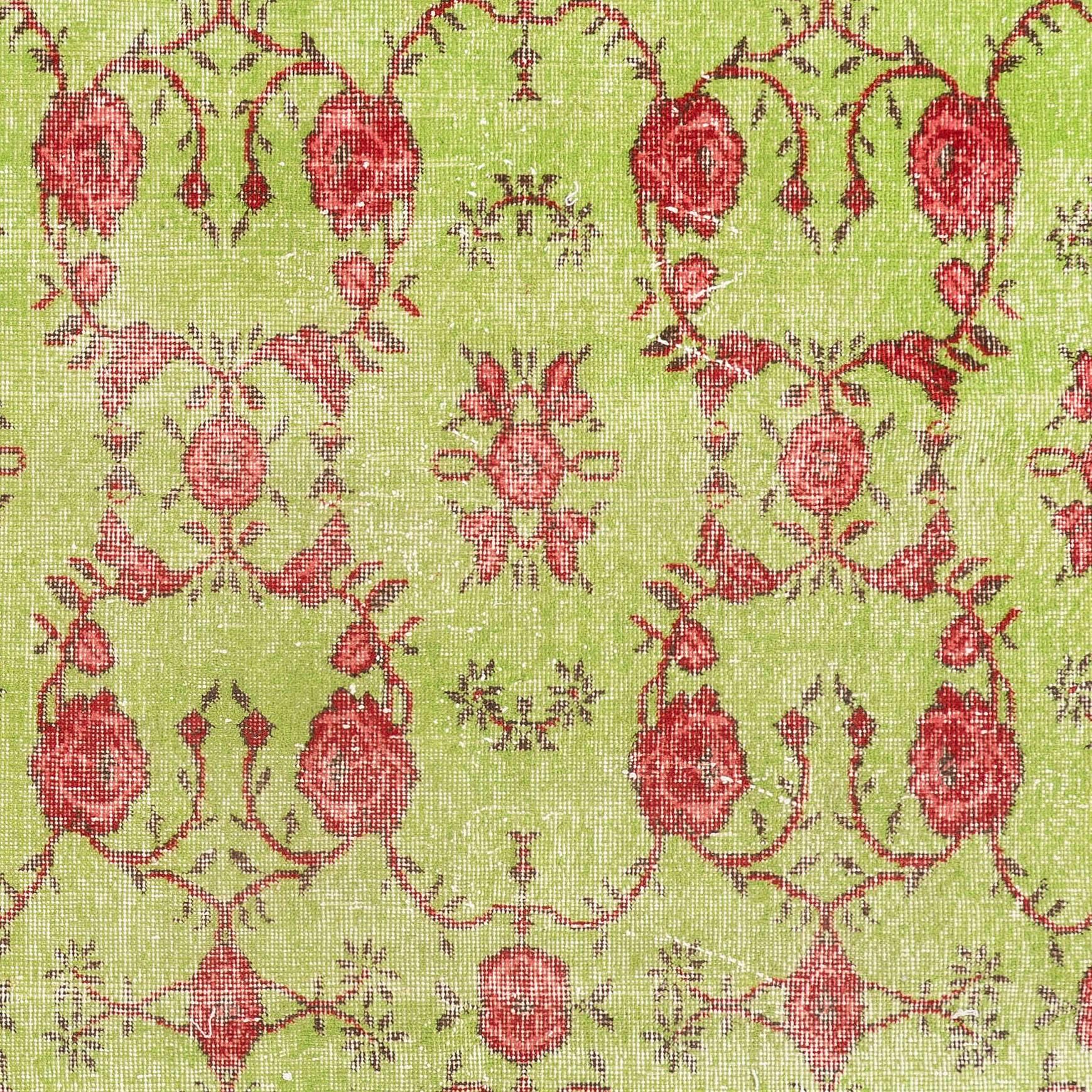 Hand-Woven Floral Mid-Century Turkish Deco Rug in Lime Green and Rose Color