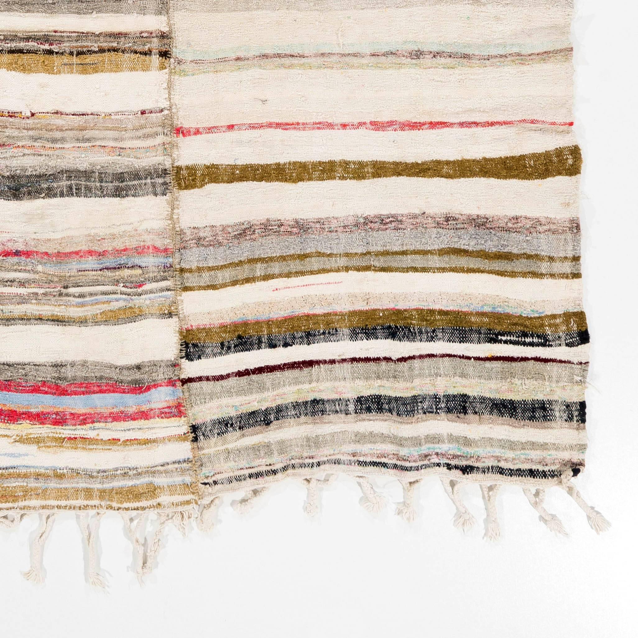 Bohemian Striped Vintage Cotton Rag Rug, Flat-Weave Kilim