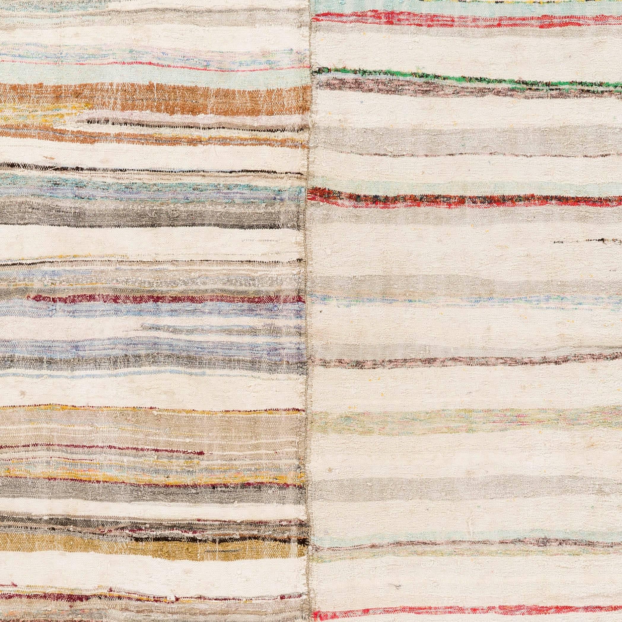 Turkish Striped Vintage Cotton Rag Rug, Flat-Weave Kilim