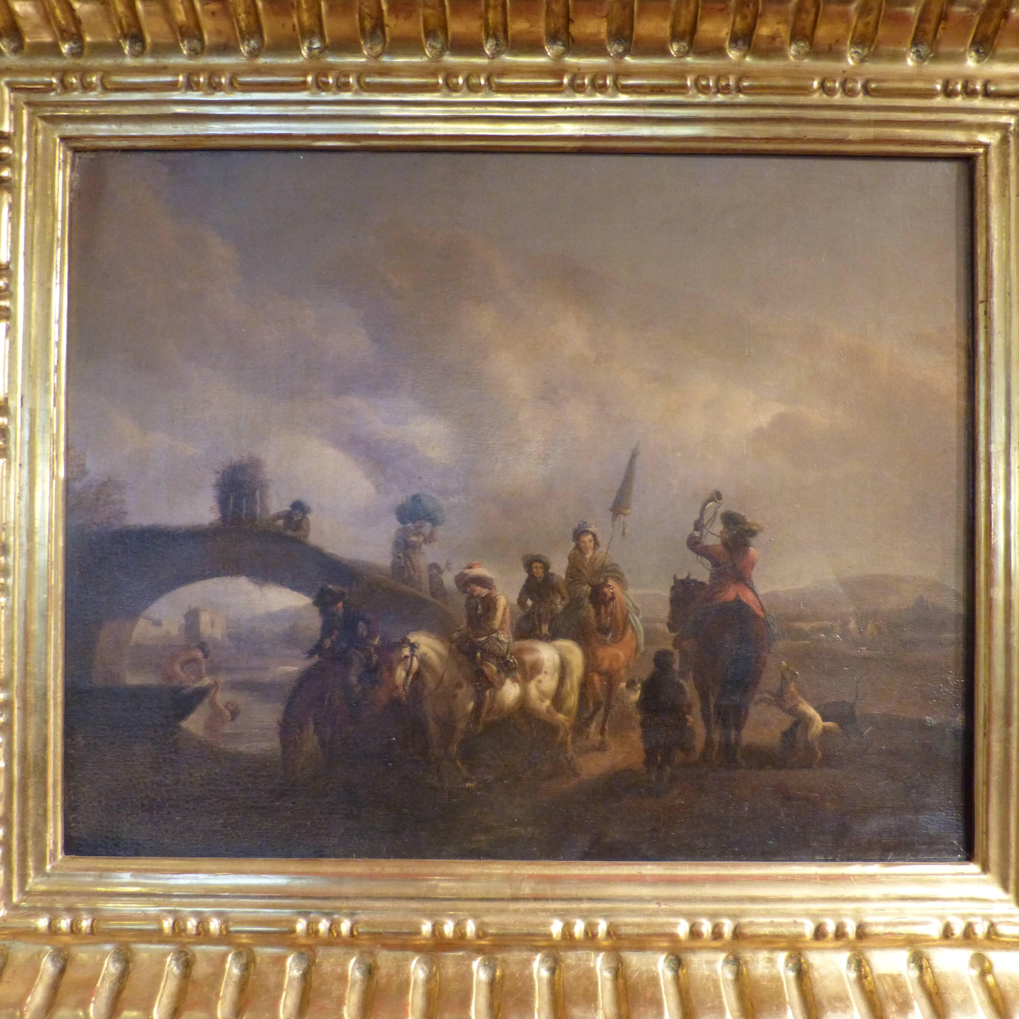 Dutch School Wouvermans oil painting ,17 th century 
relined on an old canvas 
 giltwood frame with a little accident
rear light traces of tar on the left
unsigned 
Philips Wouverman or Wouvermans was born in Haarlem, the son of the painter