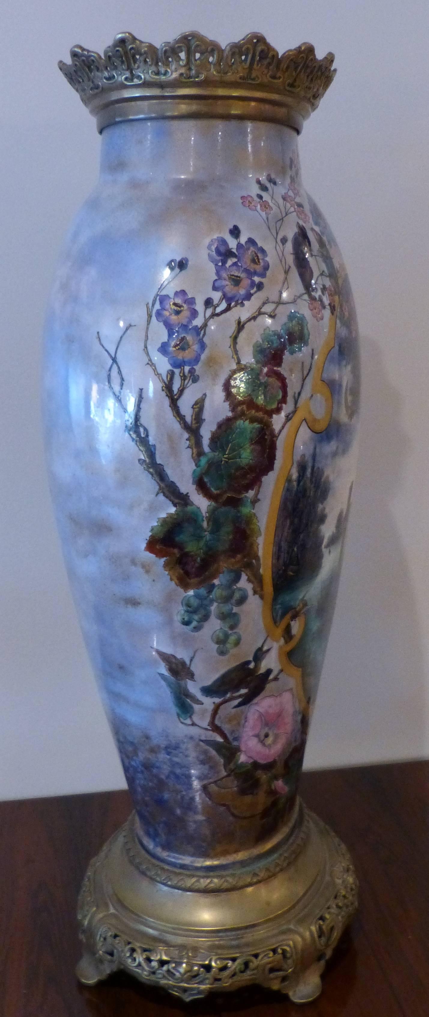Late 19th Century Large Painted Majolica Vase by L.Ernie, in the Taste of Barbedienne, circa 1890 For Sale