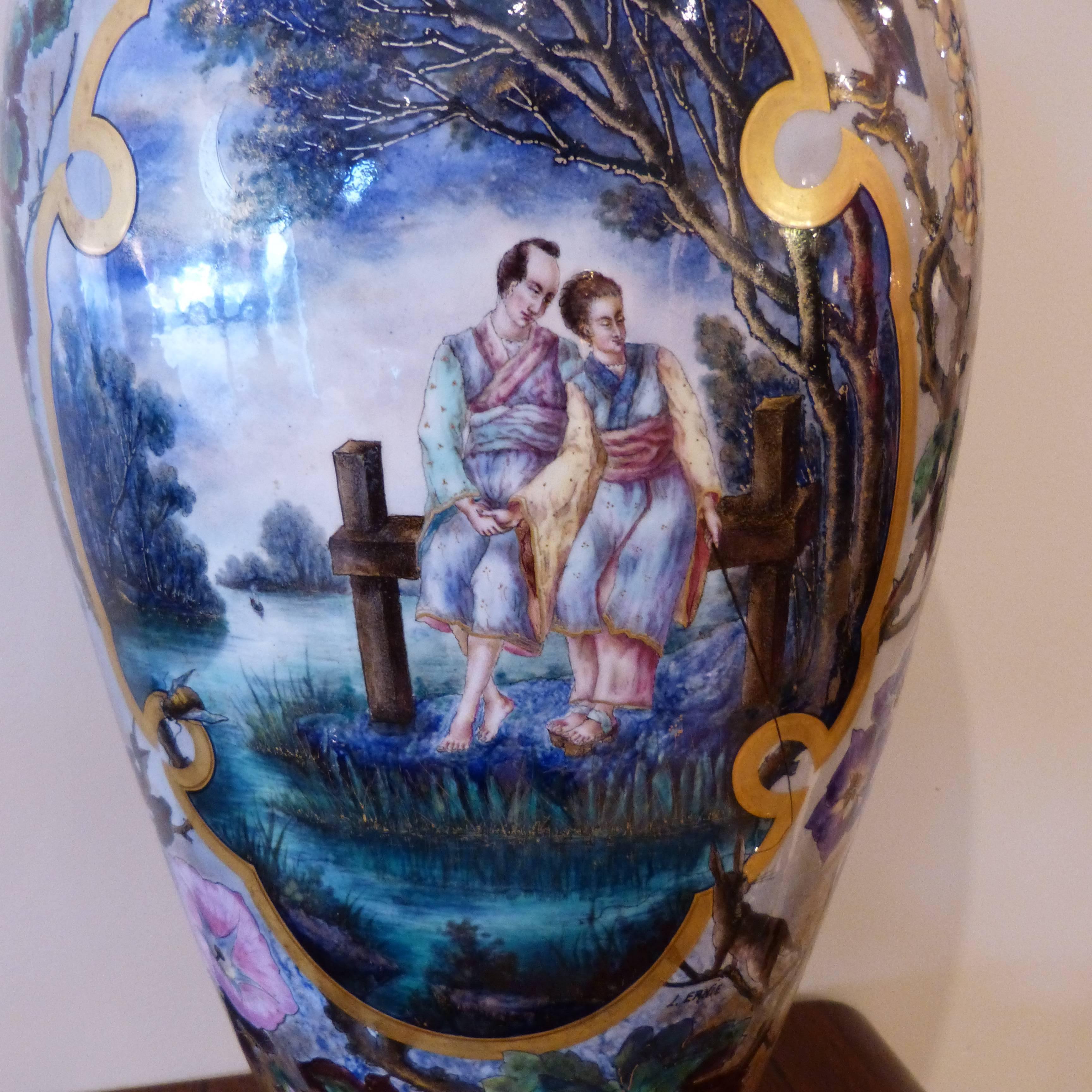 Bronze Large Painted Majolica Vase by L.Ernie, in the Taste of Barbedienne, circa 1890 For Sale