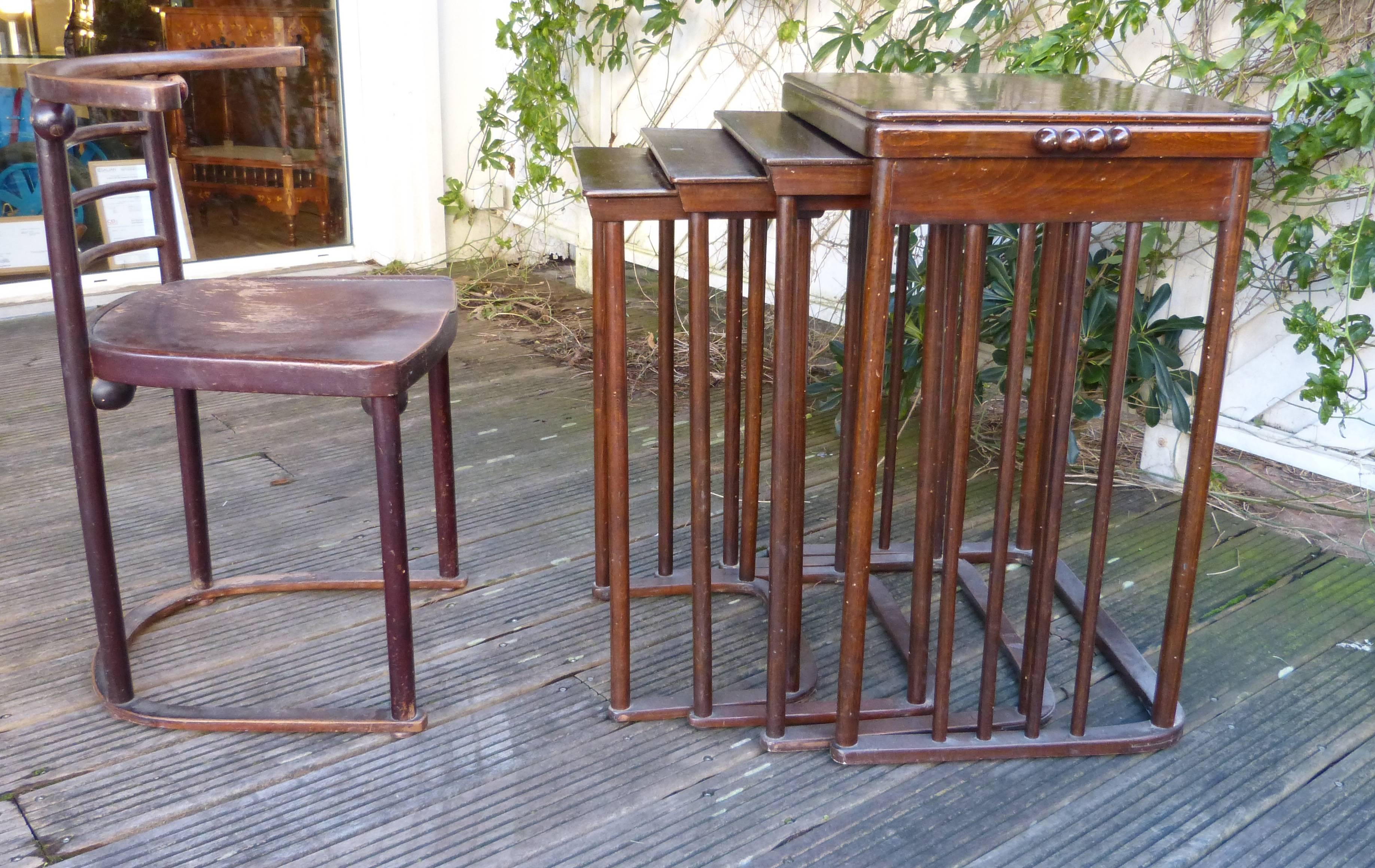 Josef Hoffmann set of nesting tables and Fledermaus chair in original condition with J. & J. KOHN label to underside of the chair and engraved in the wood Teschen Austria Vienna. Designed by: Josef Hoffmann, Vienna, 1905 executed by: J. & J. Kohn,