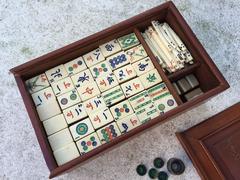 Early Chinese Bone Mah Jongg Set in Original Mahogany Box and Accommodation Bag