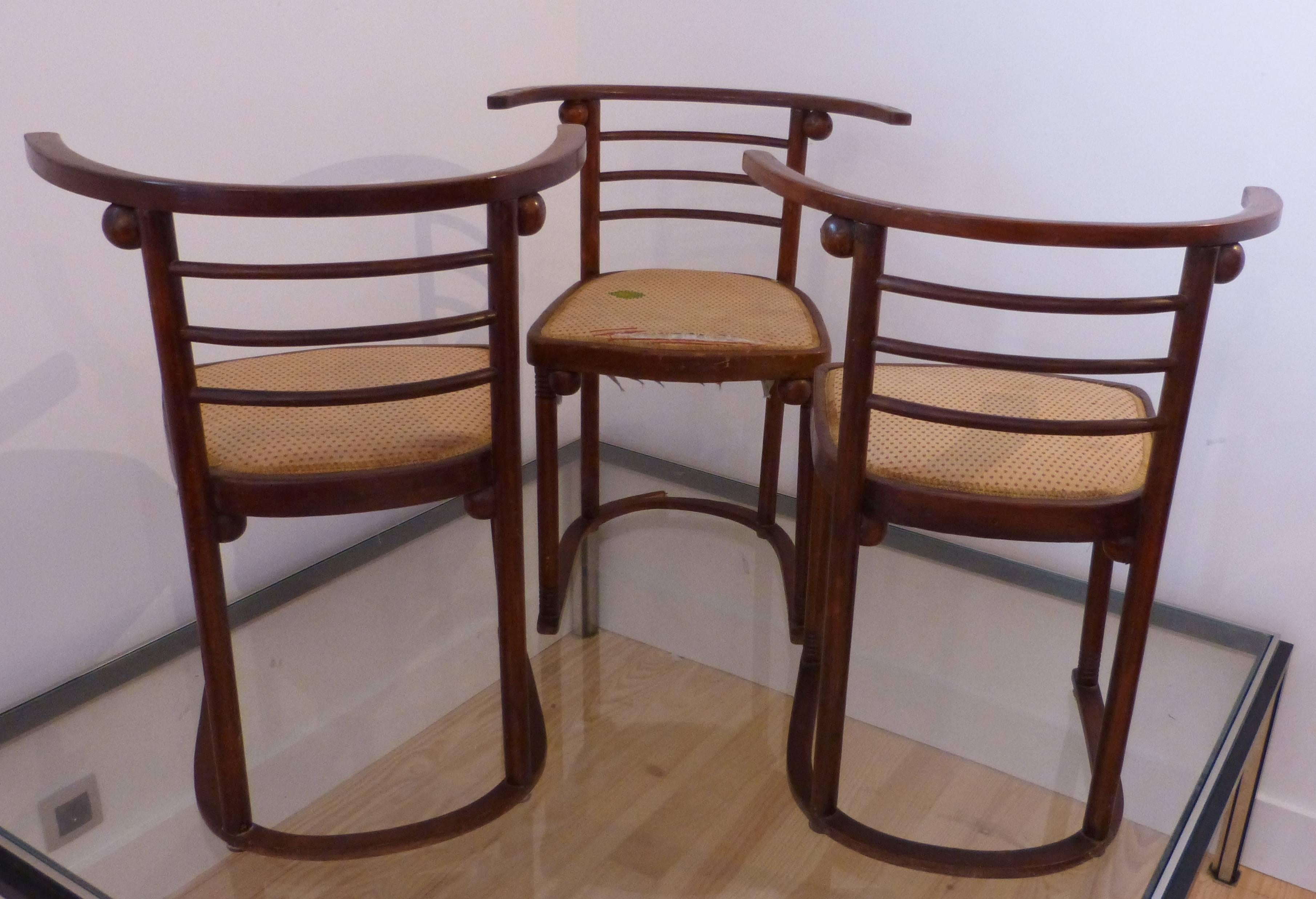 Fledermaus chairs in original condition Austria Vienna. Designed by: Josef Hoffmann, Vienna, 1905 bent beech plywood.
One chair is damaged on the base of photos.
Original Vienna fabric.
Chairs can be restored on request and estimate.
 Chair: H