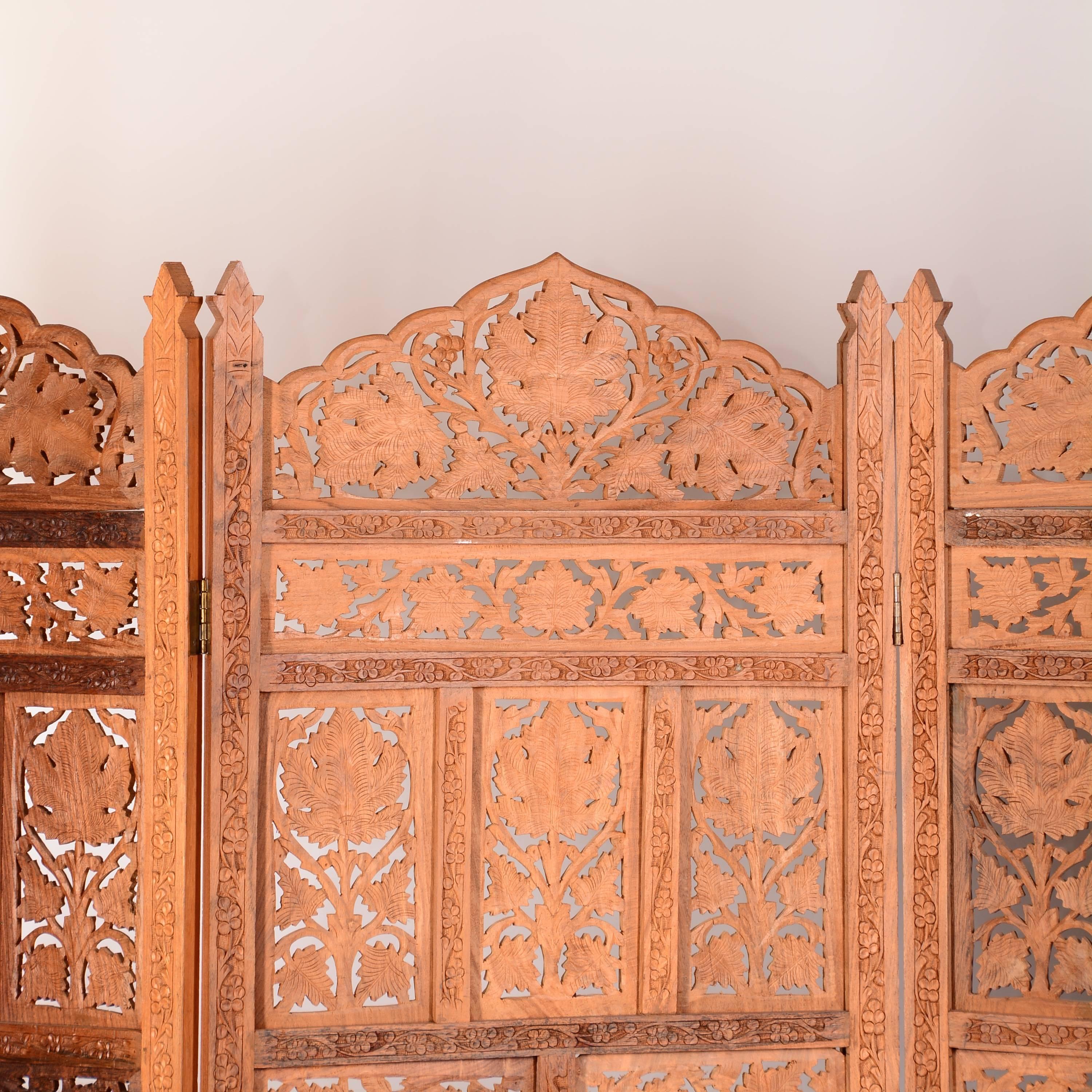 Anglo Indian Carved Four Panel Screen In Excellent Condition In Los Angeles, CA