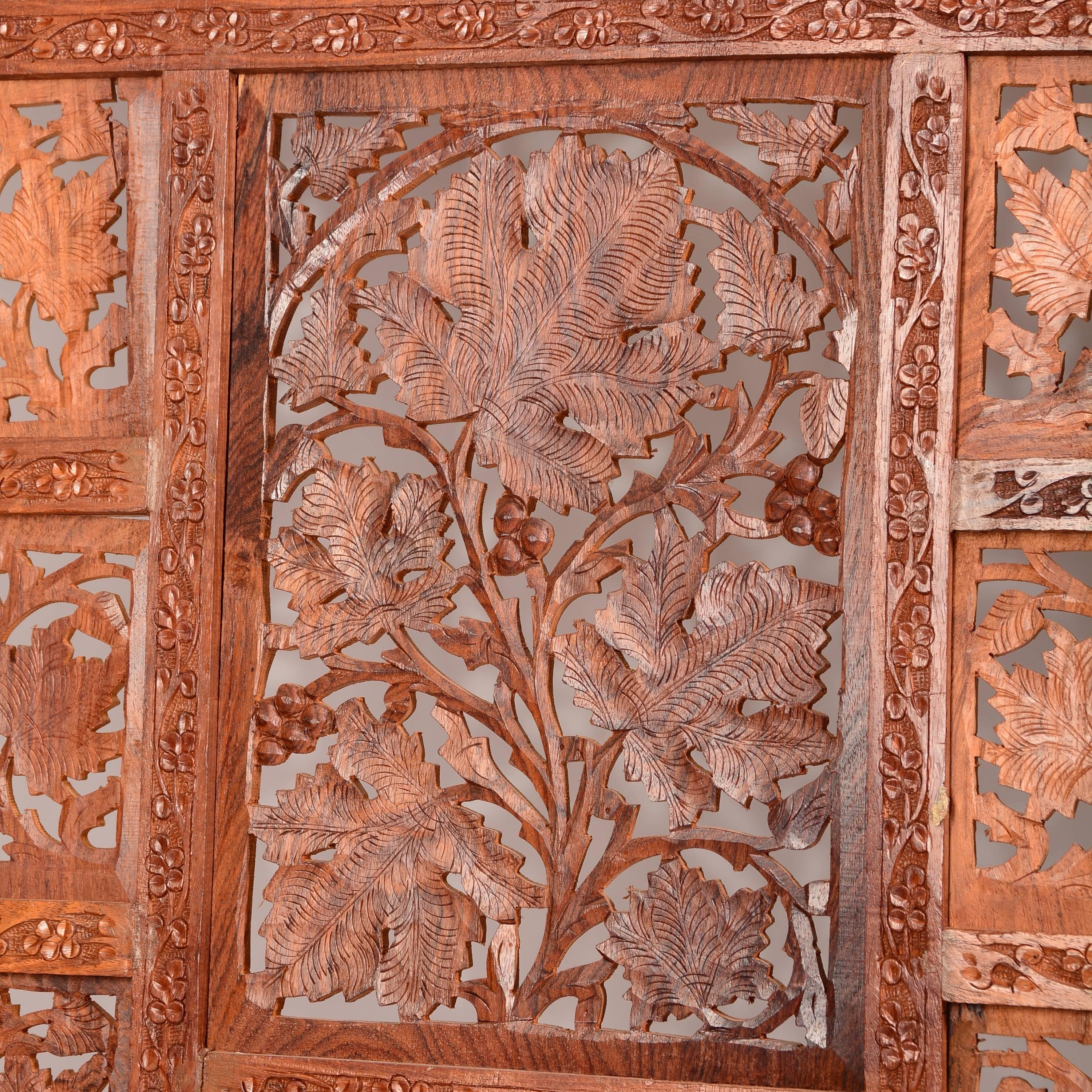 Teak Anglo Indian Carved Four Panel Screen