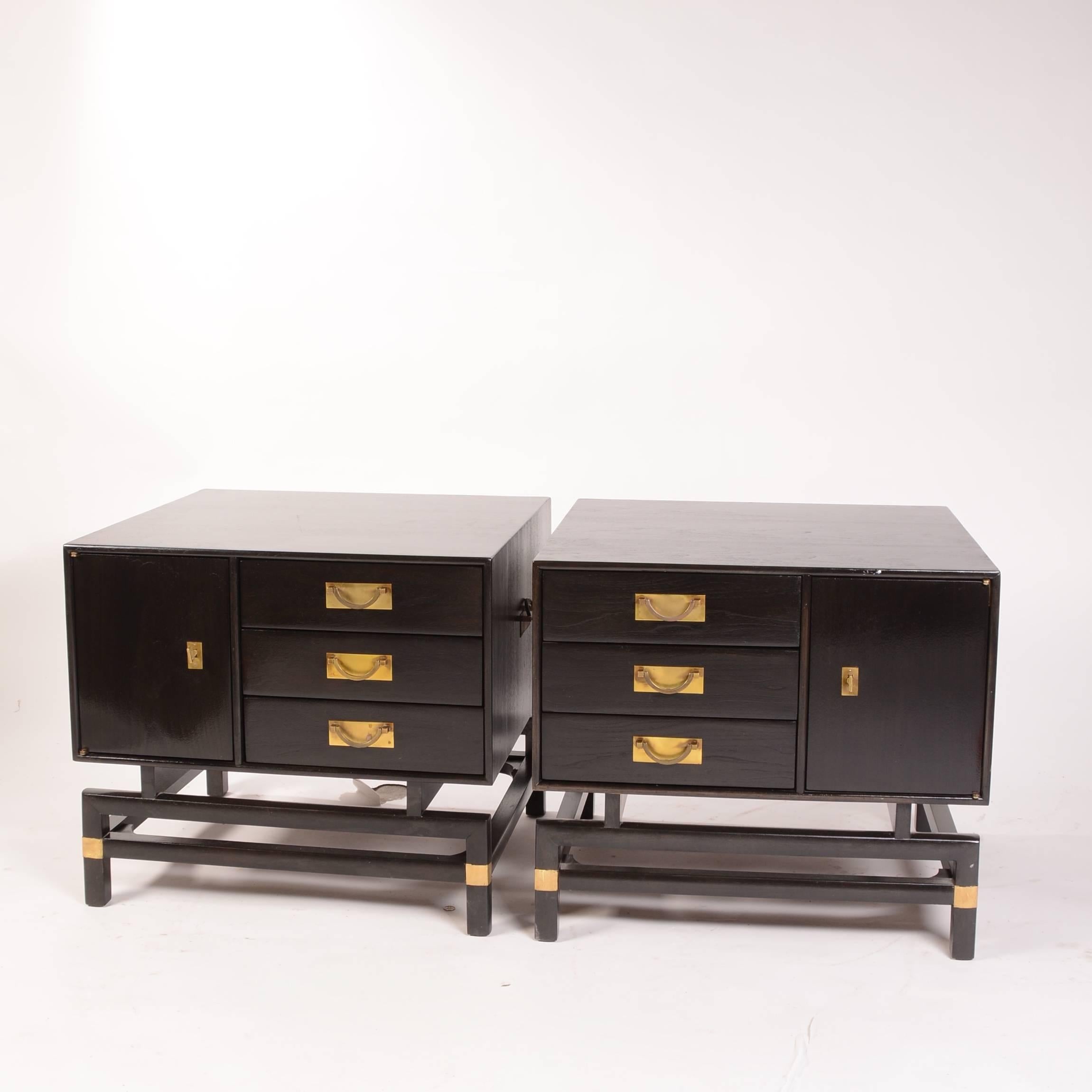 Brass Pair of Ebony Walnut Cabinets/End Tables, by the Hickory Co
