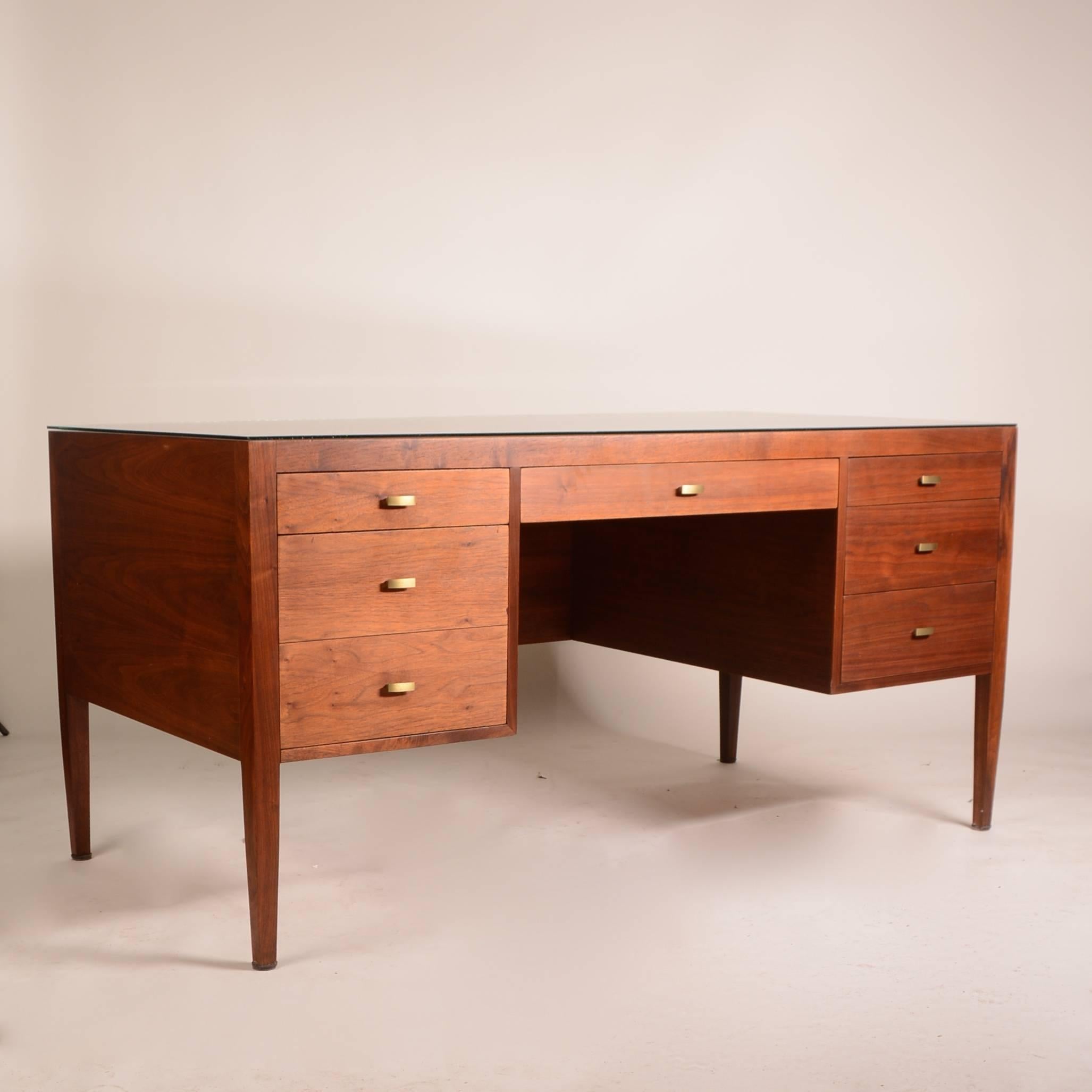 This elegant French modern custom desk is in excellent condition. Beautifully designed and expertly crafted this piece will not only last another 60 years it will always be in style. To view in person please visit us at our new location in the Arts