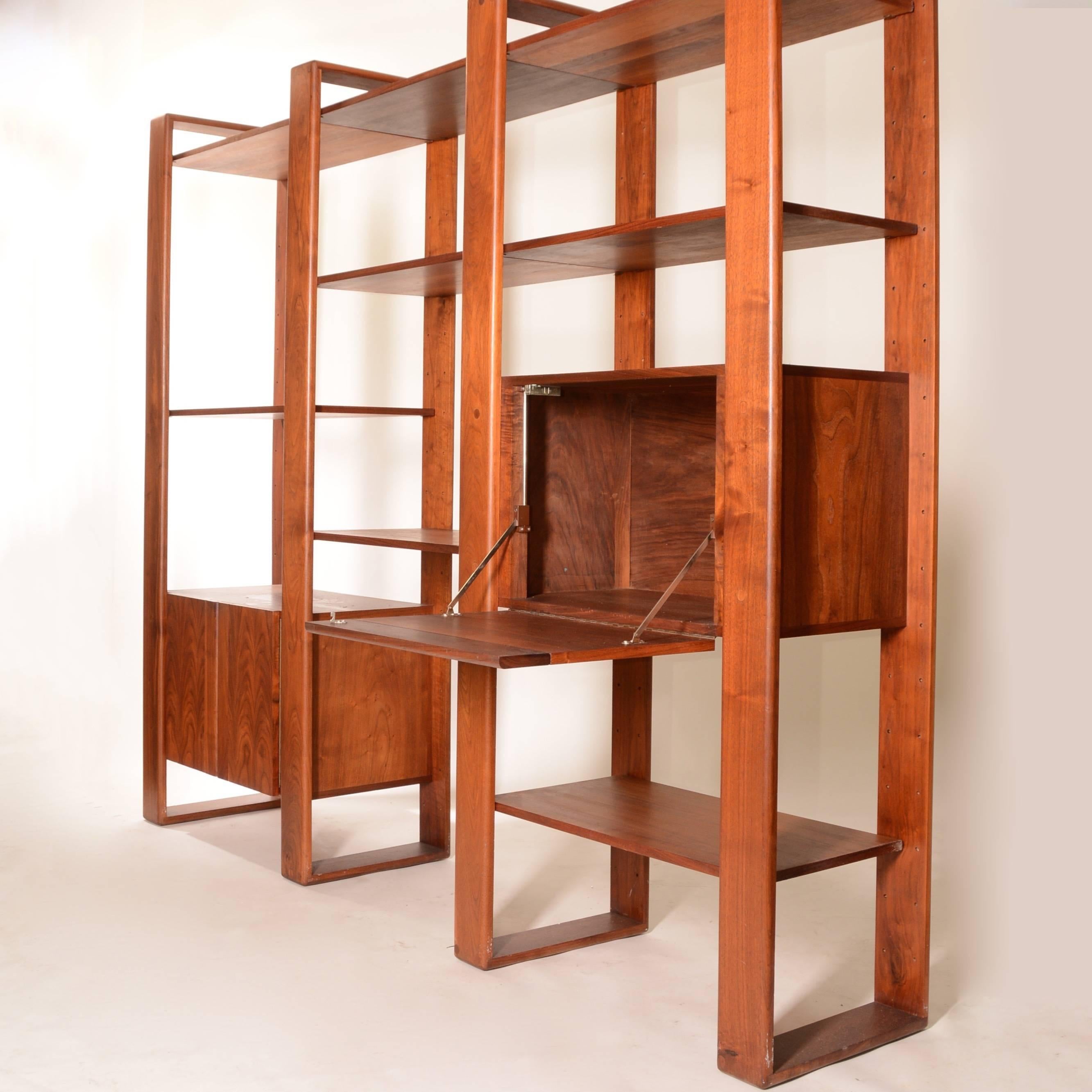 American Lou Hodges Walnut Freestanding Wall Unit Shelving System