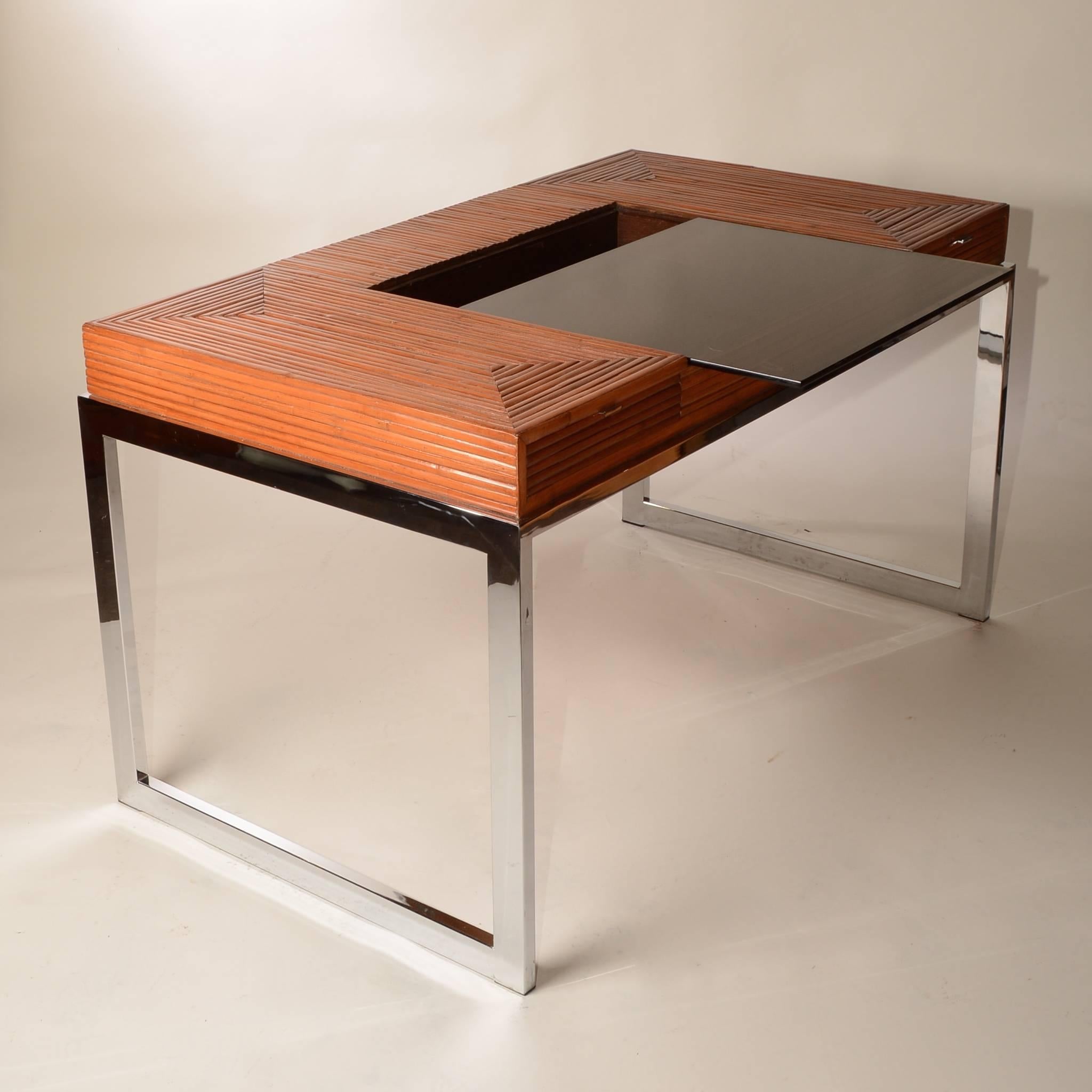 Elegant bamboo and chrome desk by Milo Baughman with smoked glass  writing surface.