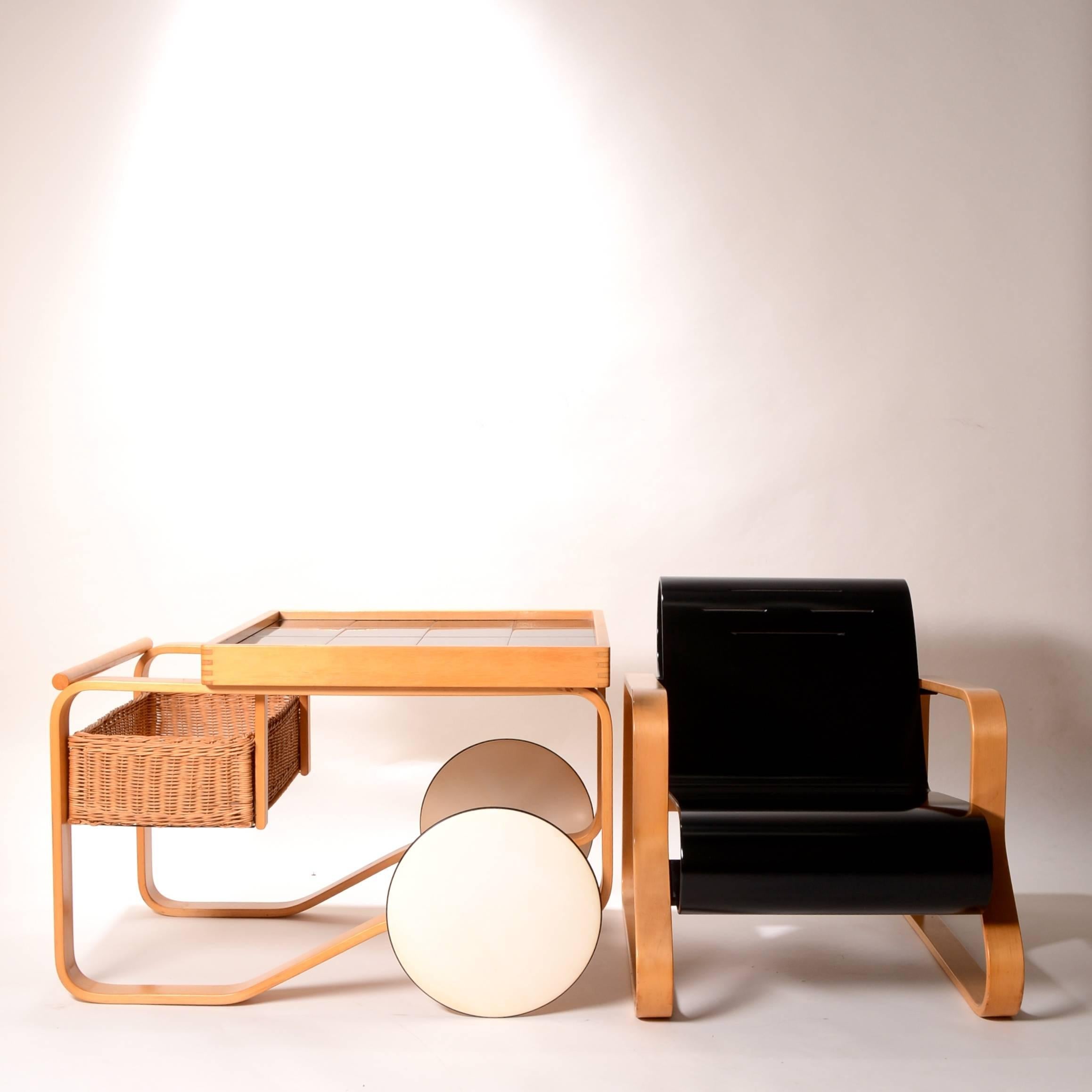 This is a rare tea trolley model 900 and bentwood chair model 44 Designed by Alvar Aalto for Artek, Finland, 1940s. Both are in excellent condition. From the estate of the great composer Gary Geld. The pieces are available separately.

Chair: 24