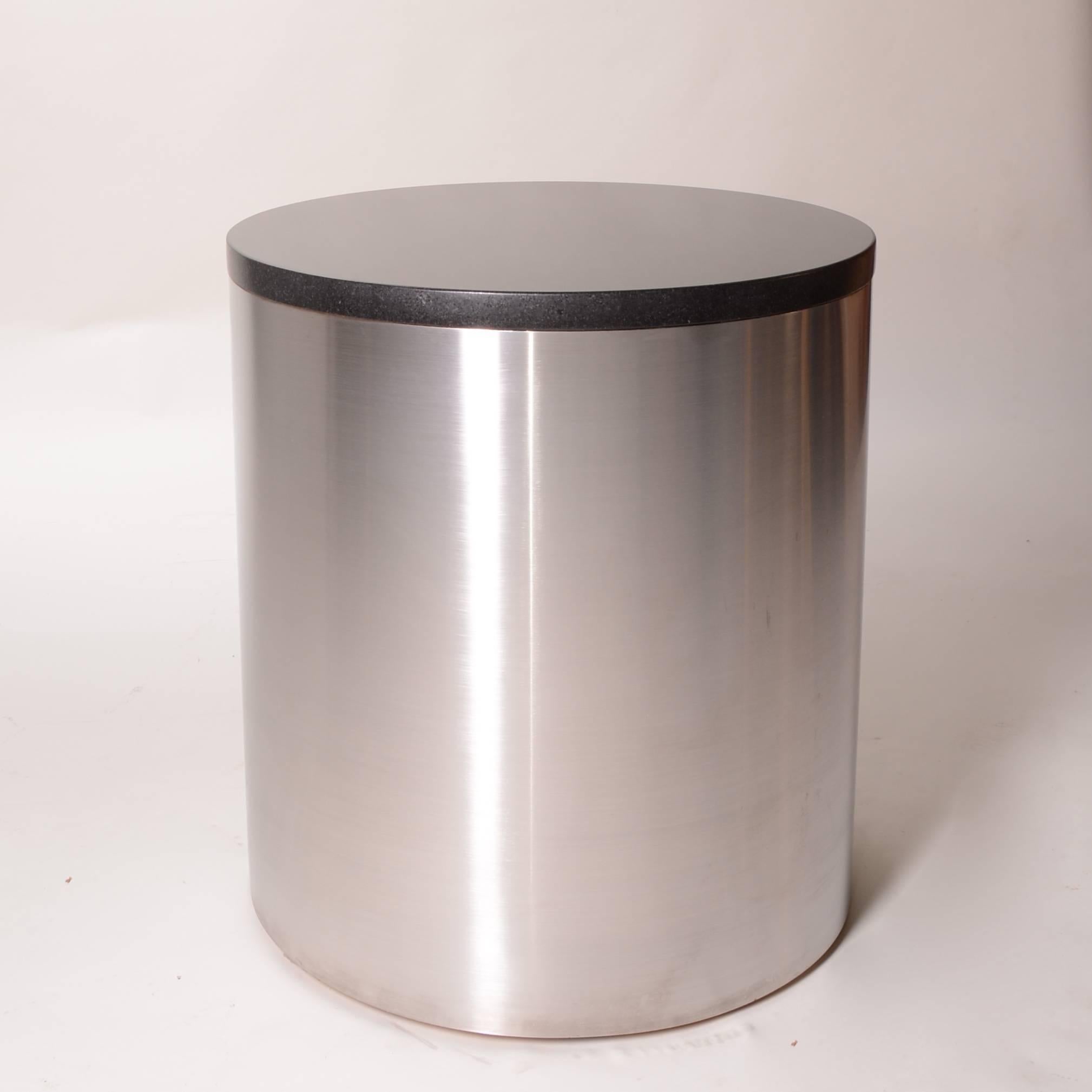 Brushed stainless steel and marble drum table by Milo Baughman for Thayer Coggin. This piece is in excellent condition. From the estate of the late great composer Gary Geld. 
This item is located at our east Hollywood showroom. Please come see our