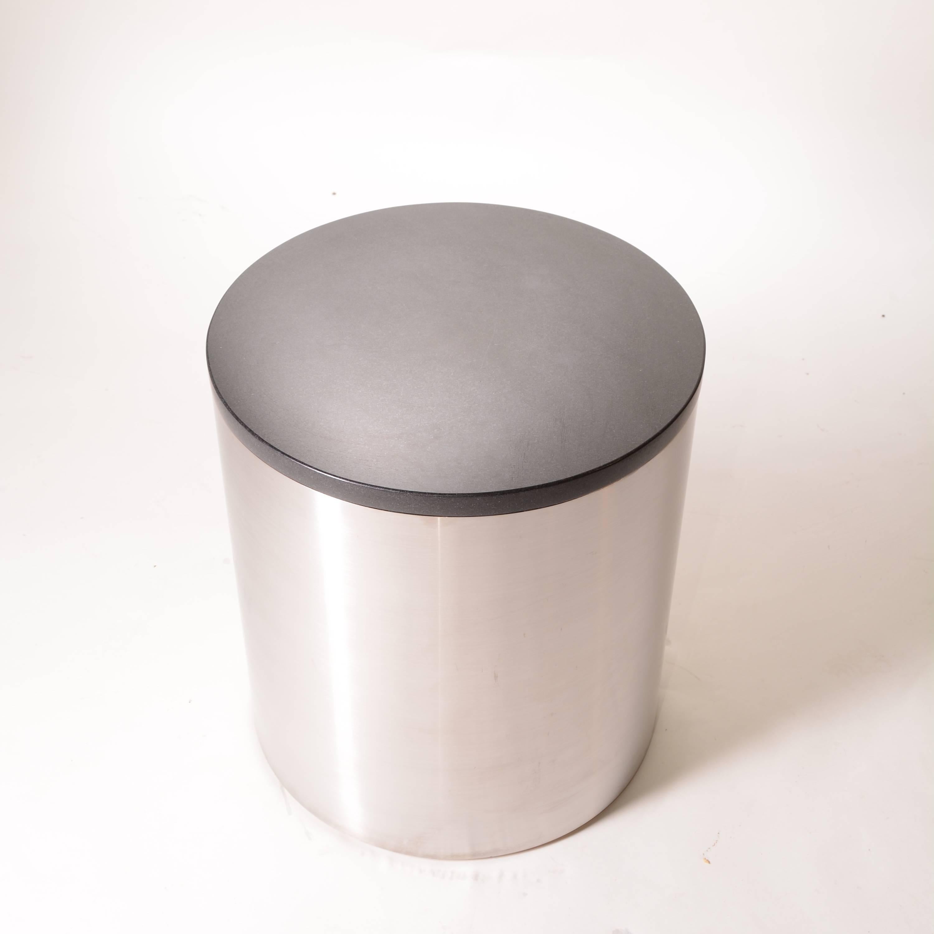 American Brushed Stainless Steel and Marble Drum Table by Milo Baughman