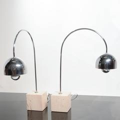 Guzzini Chrome Arc Table Lamp with Travertine Base