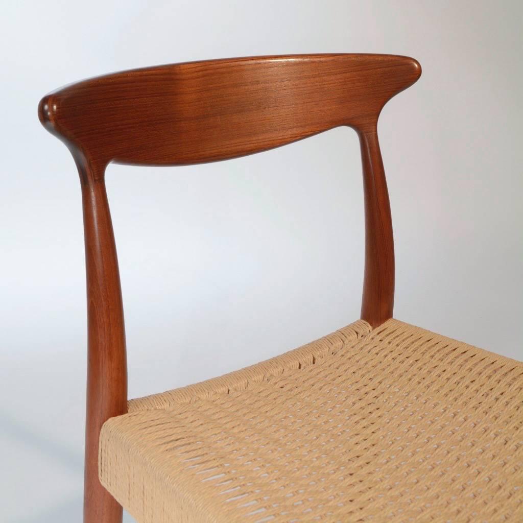 Scandinavian Modern Set of Four Arne Hovmand Olsen for Mogens Kold, Teak and Cord Dining Chairs