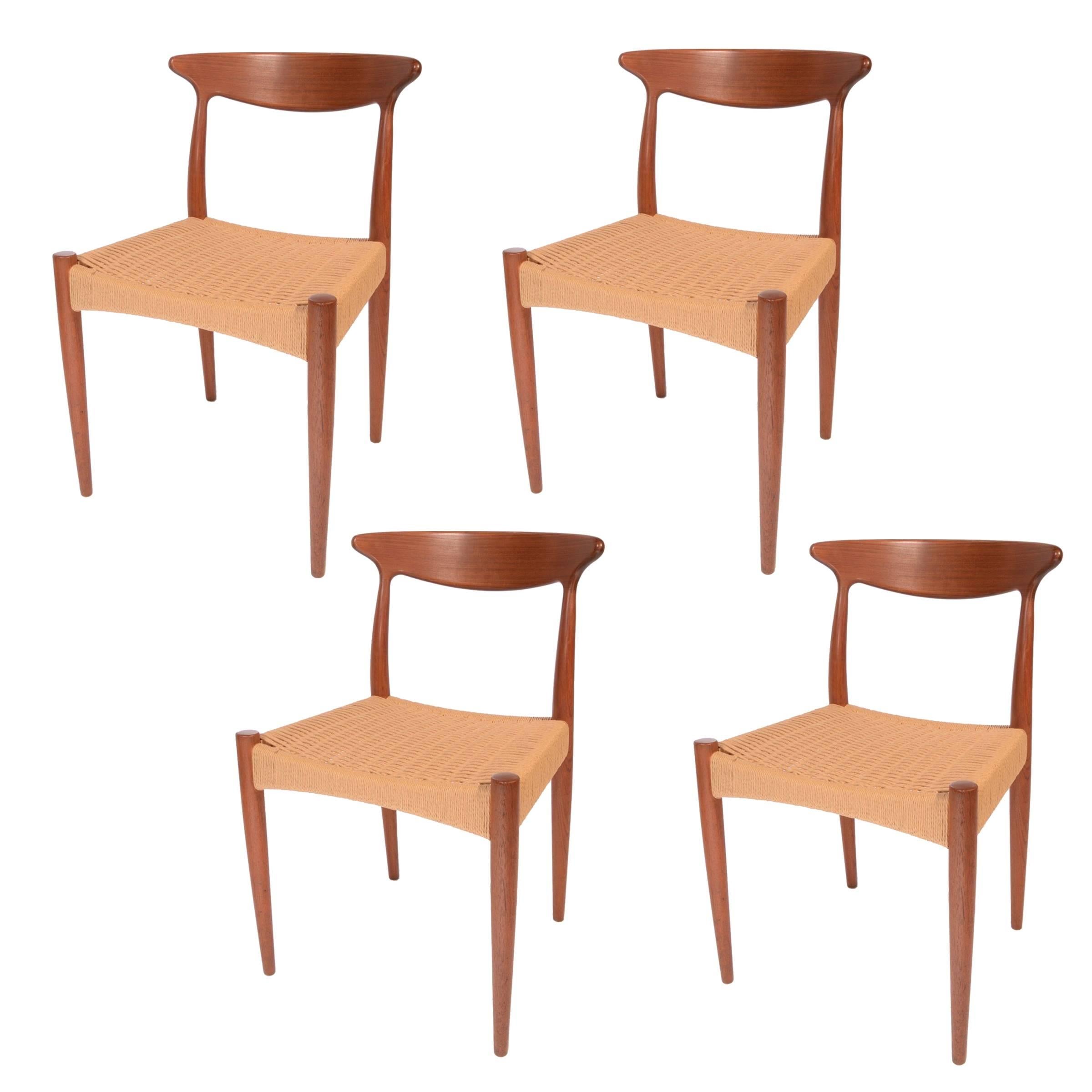 Set of Four Arne Hovmand Olsen for Mogens Kold, Teak and Cord Dining Chairs