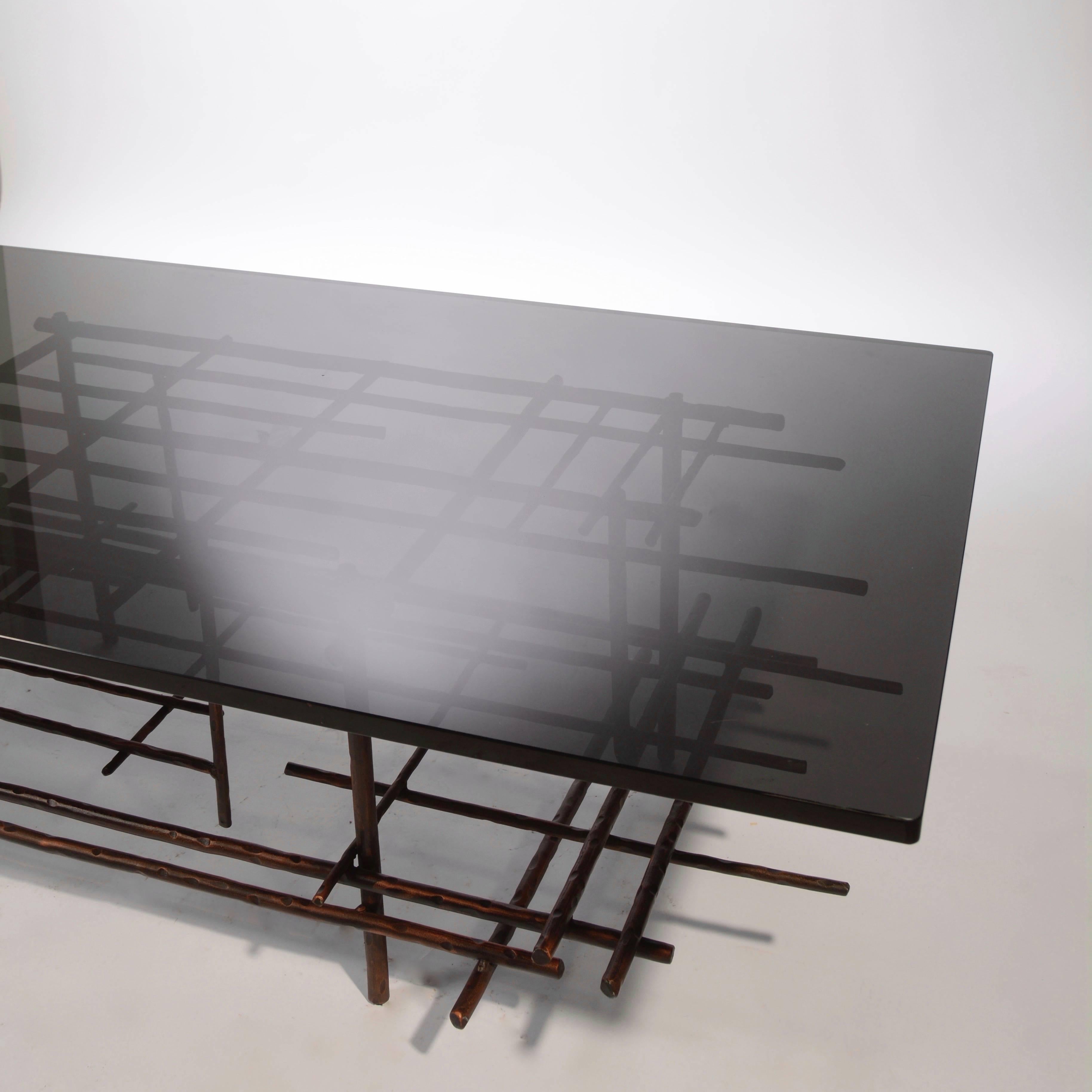 Signed Steel Sculpture Coffee Table with Smoked Glass In Good Condition In Los Angeles, CA