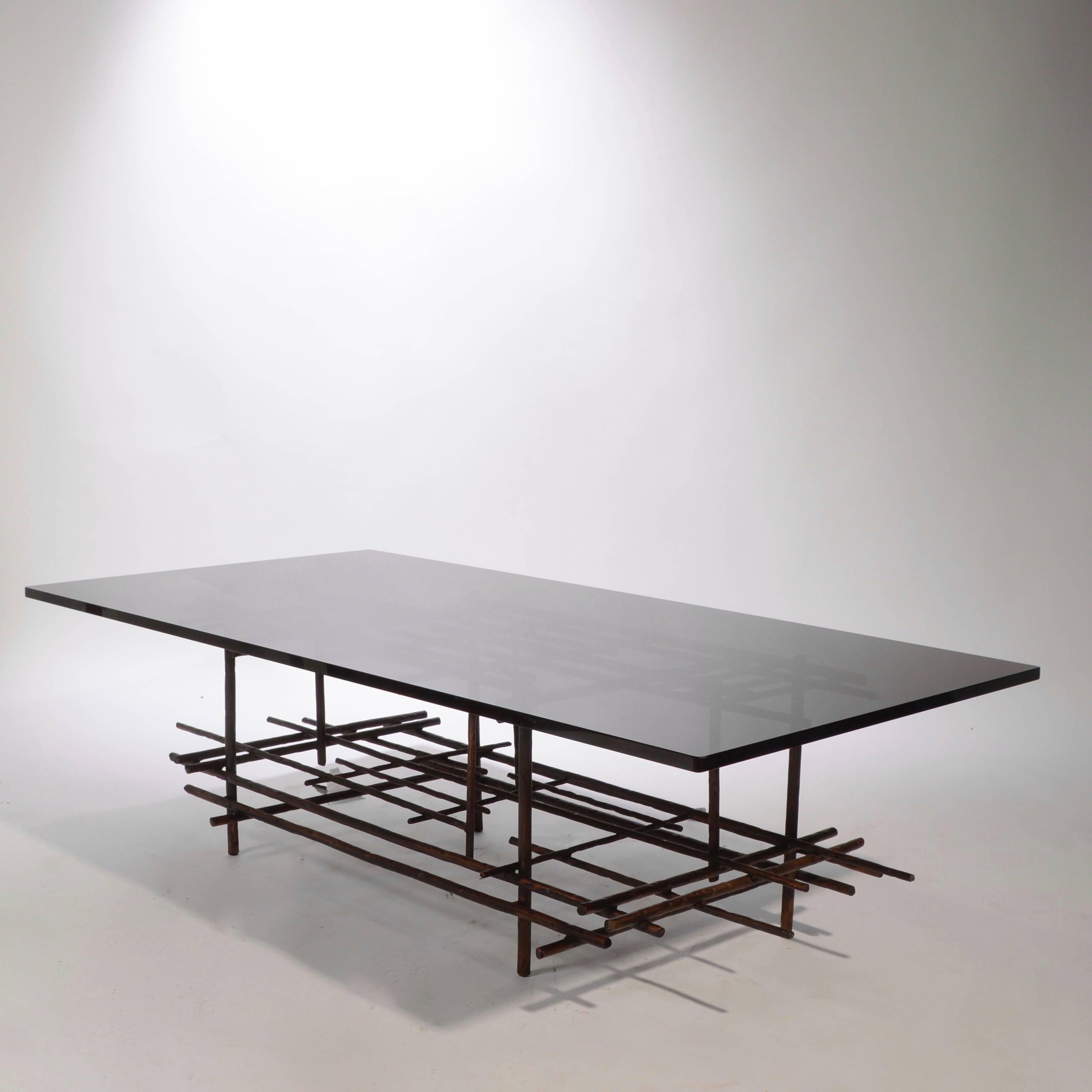 Modern Signed Steel Sculpture Coffee Table with Smoked Glass