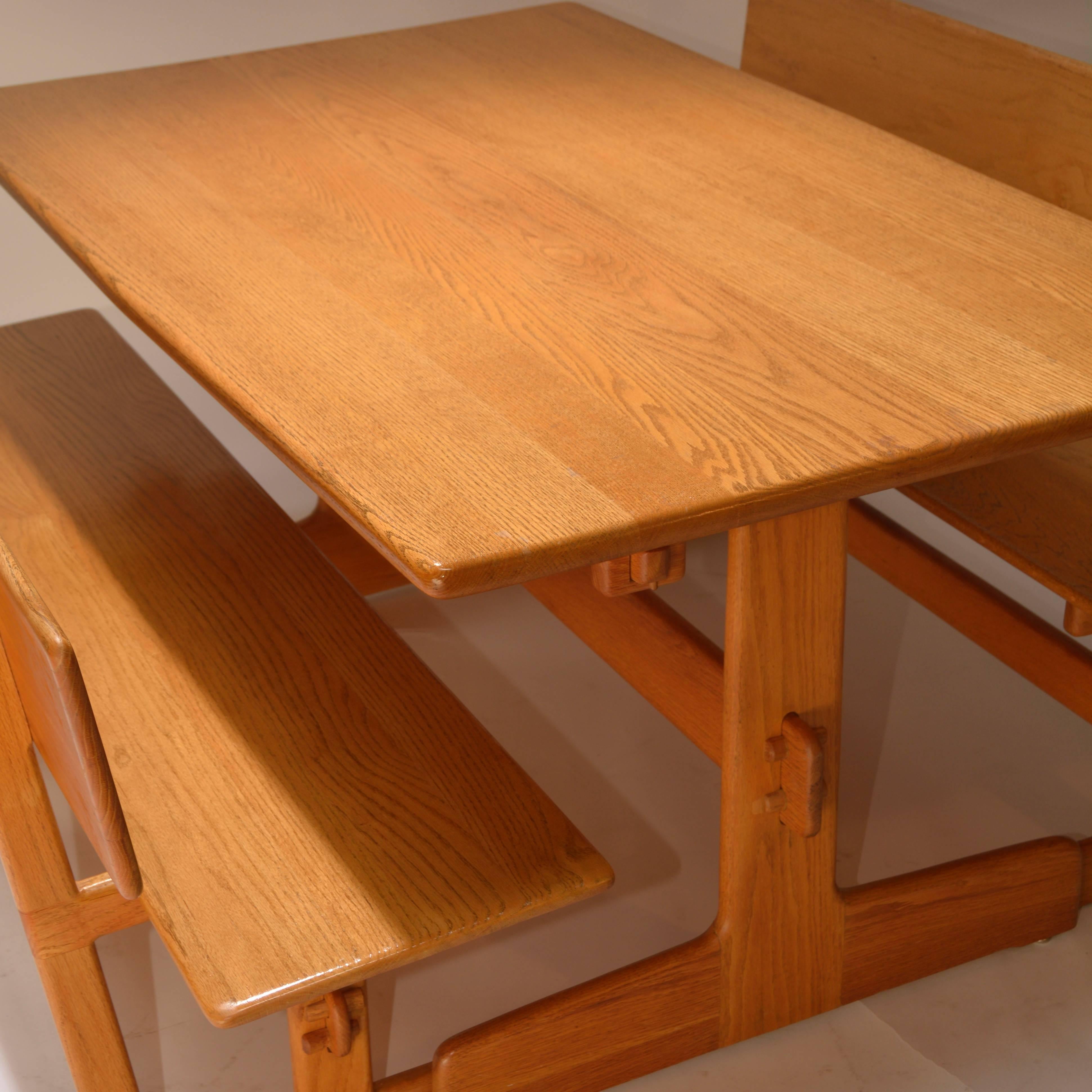 American Gerald McCabe Oak Trestle Dining Table and Benches for Orange Crate Modern For Sale