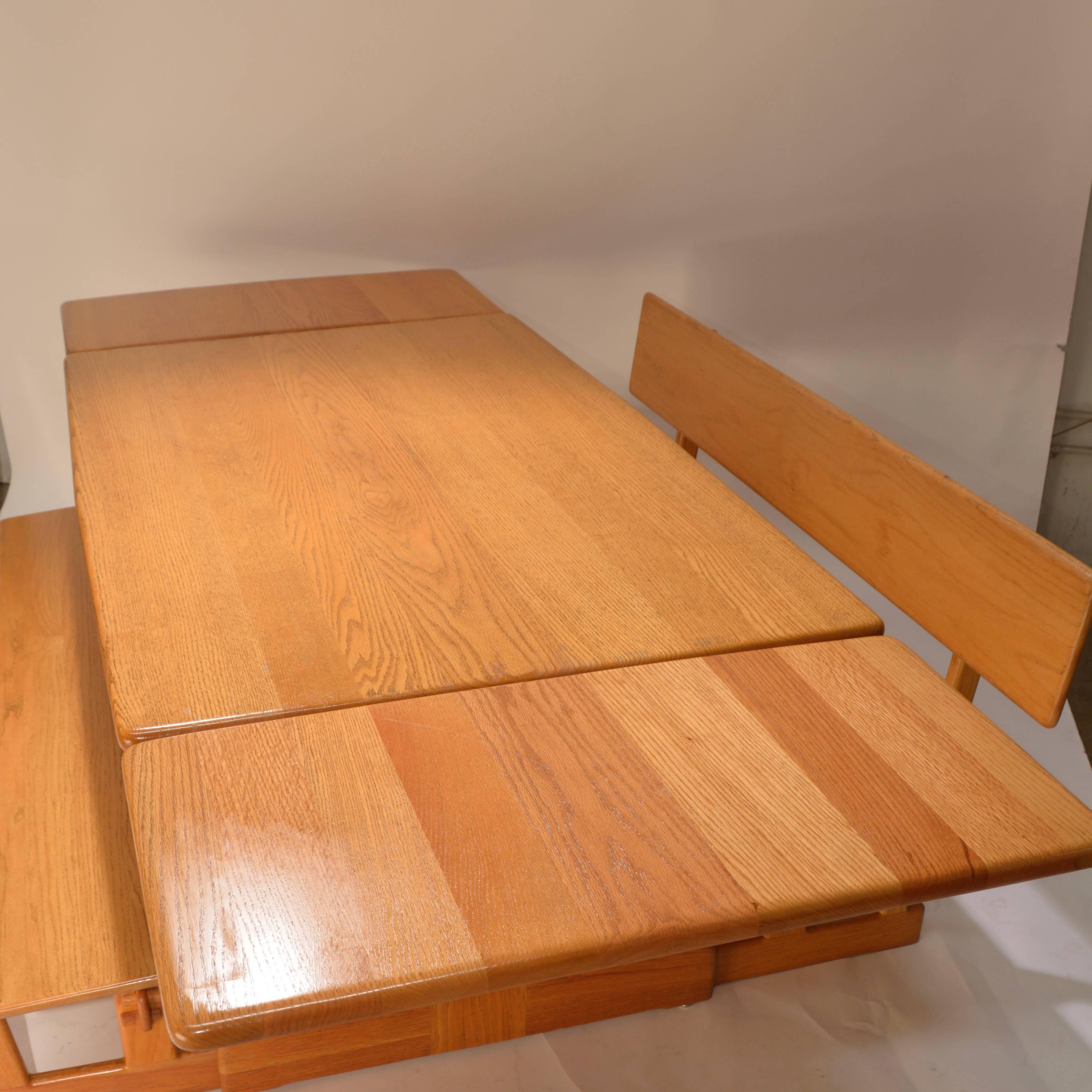 Late 20th Century Gerald McCabe Oak Trestle Dining Table and Benches for Orange Crate Modern For Sale