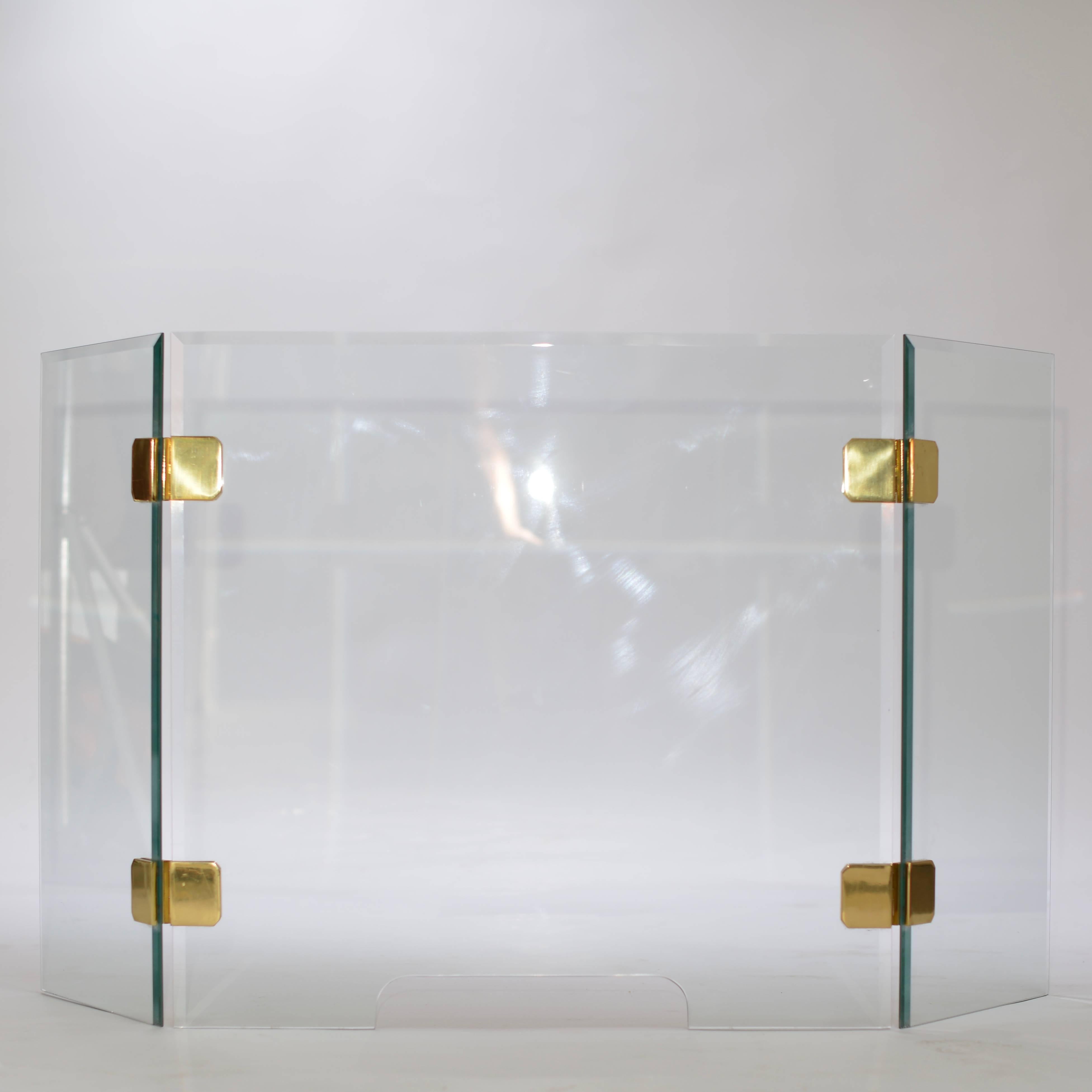 Mid-Century Modern Beveled Glass and Brass Tri-Fold Fireplace Screen