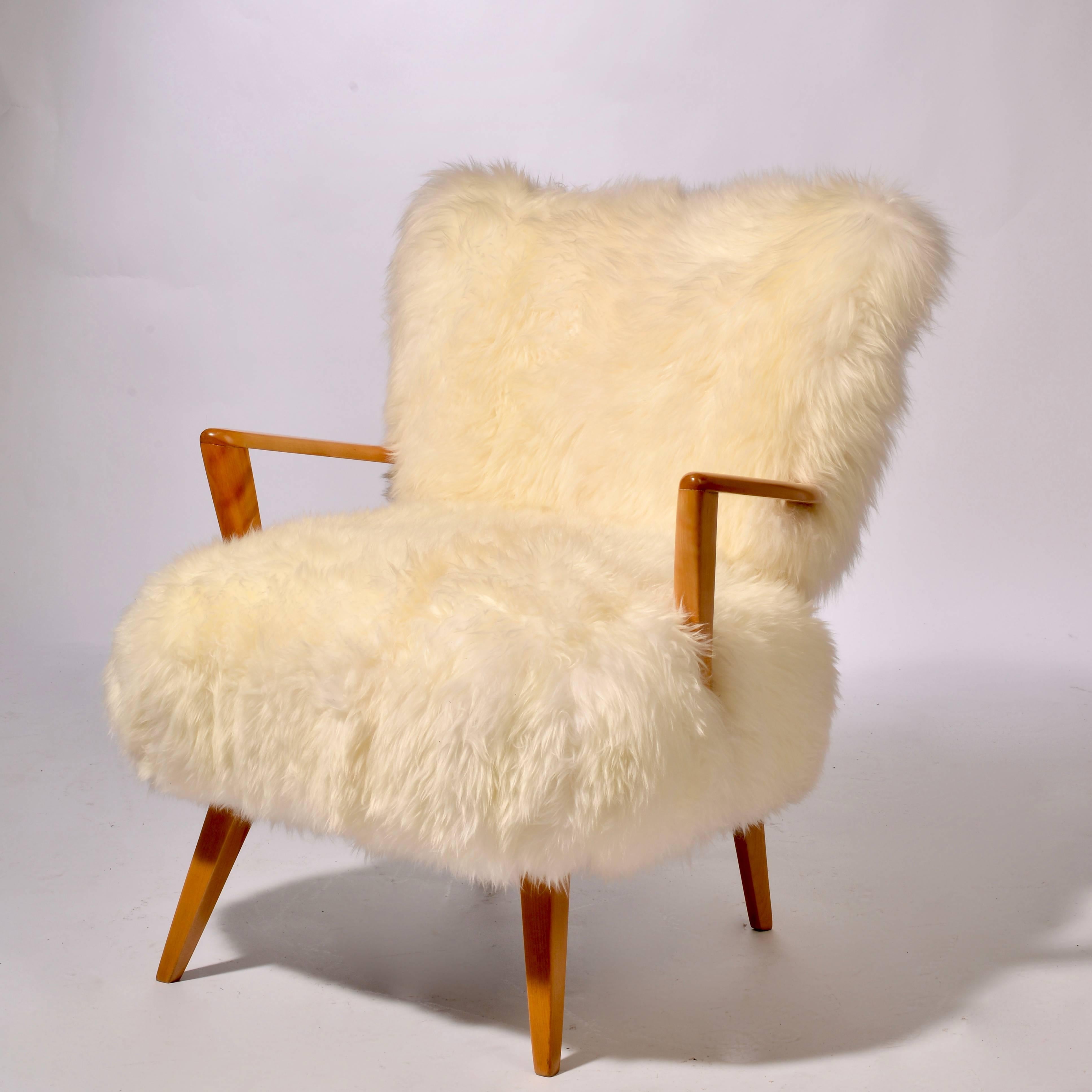 Modern Sheepskin and Maple Heywood Wakefield Lounge Chair