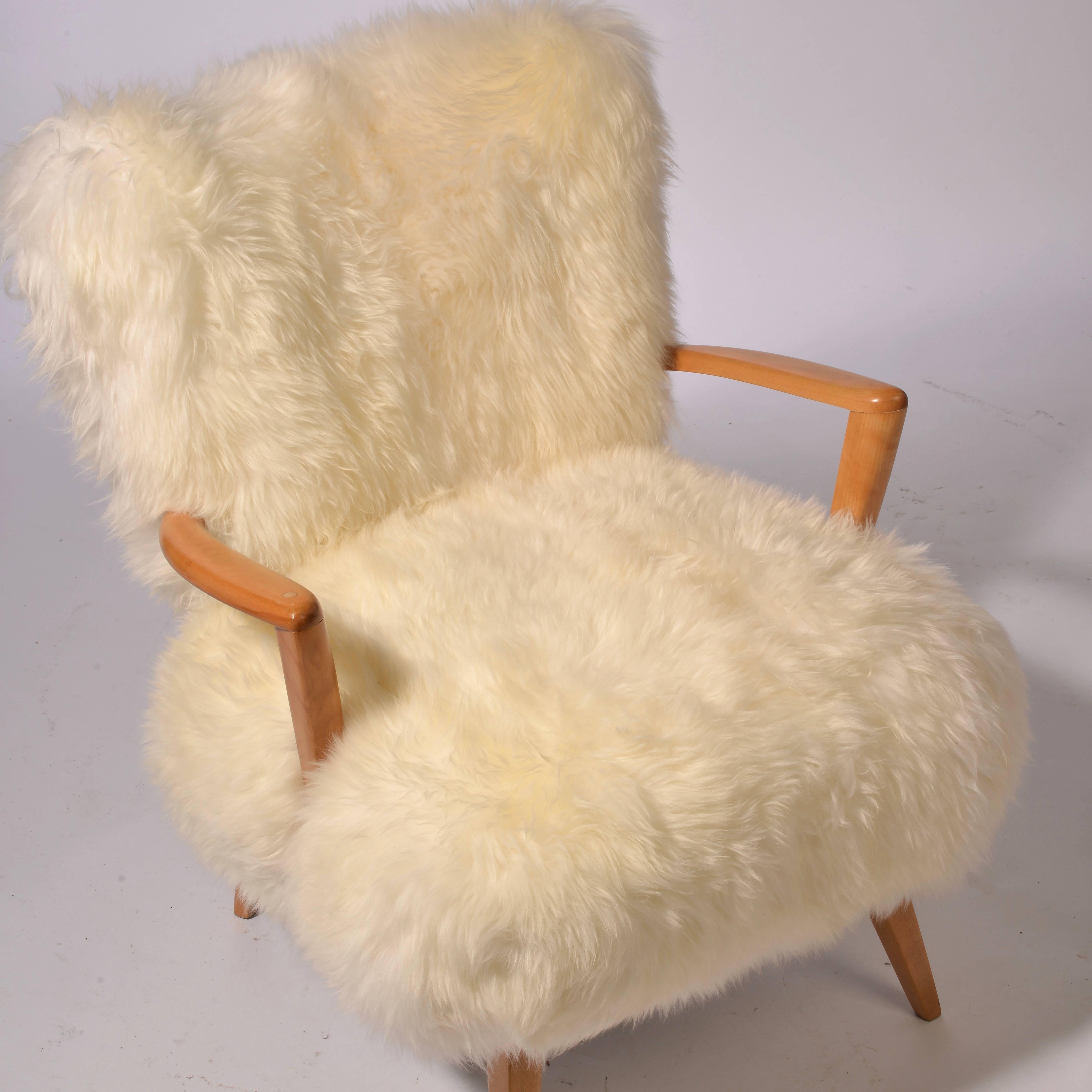 Sheepskin and Maple Heywood Wakefield Lounge Chair 1