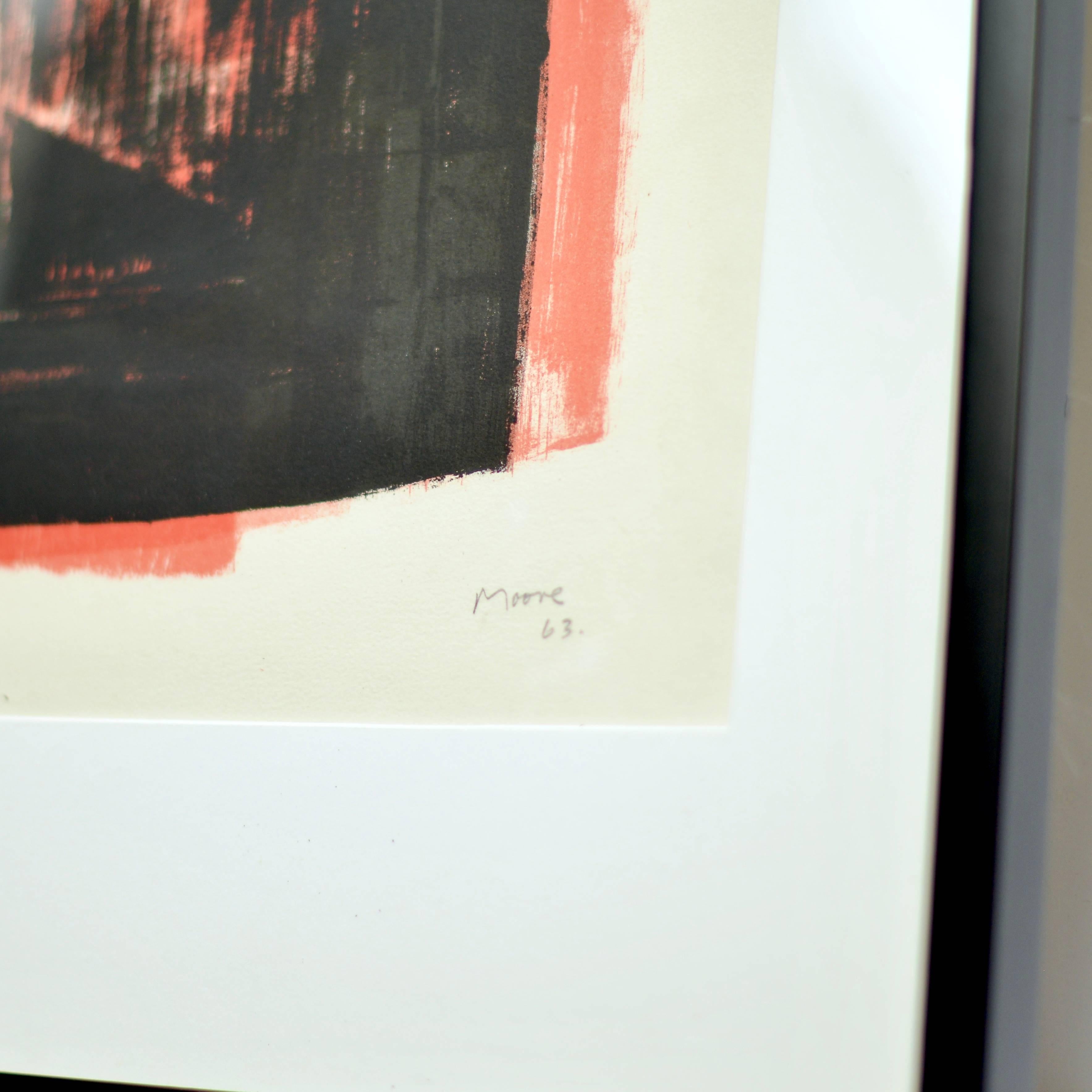 Schwarz-rote Lithografie des berühmten amerikanischen Bildhauers Henry Moore. Limitierte Auflage von 63/65 Exemplaren, mit Bleistift signiert und nummeriert.