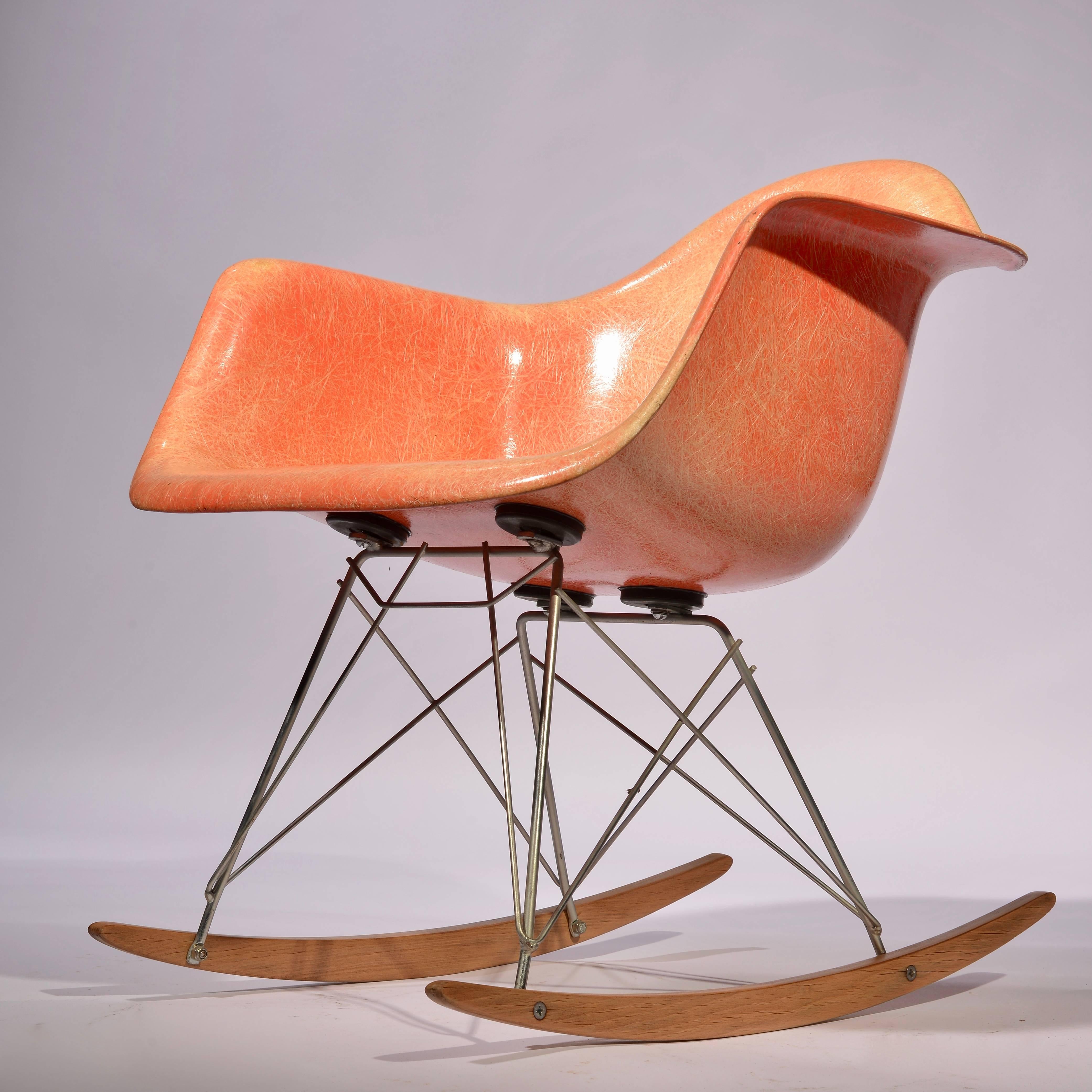 Rare first generation rope edge Eames RAR rocker in orange. In as found condition with no repairs.