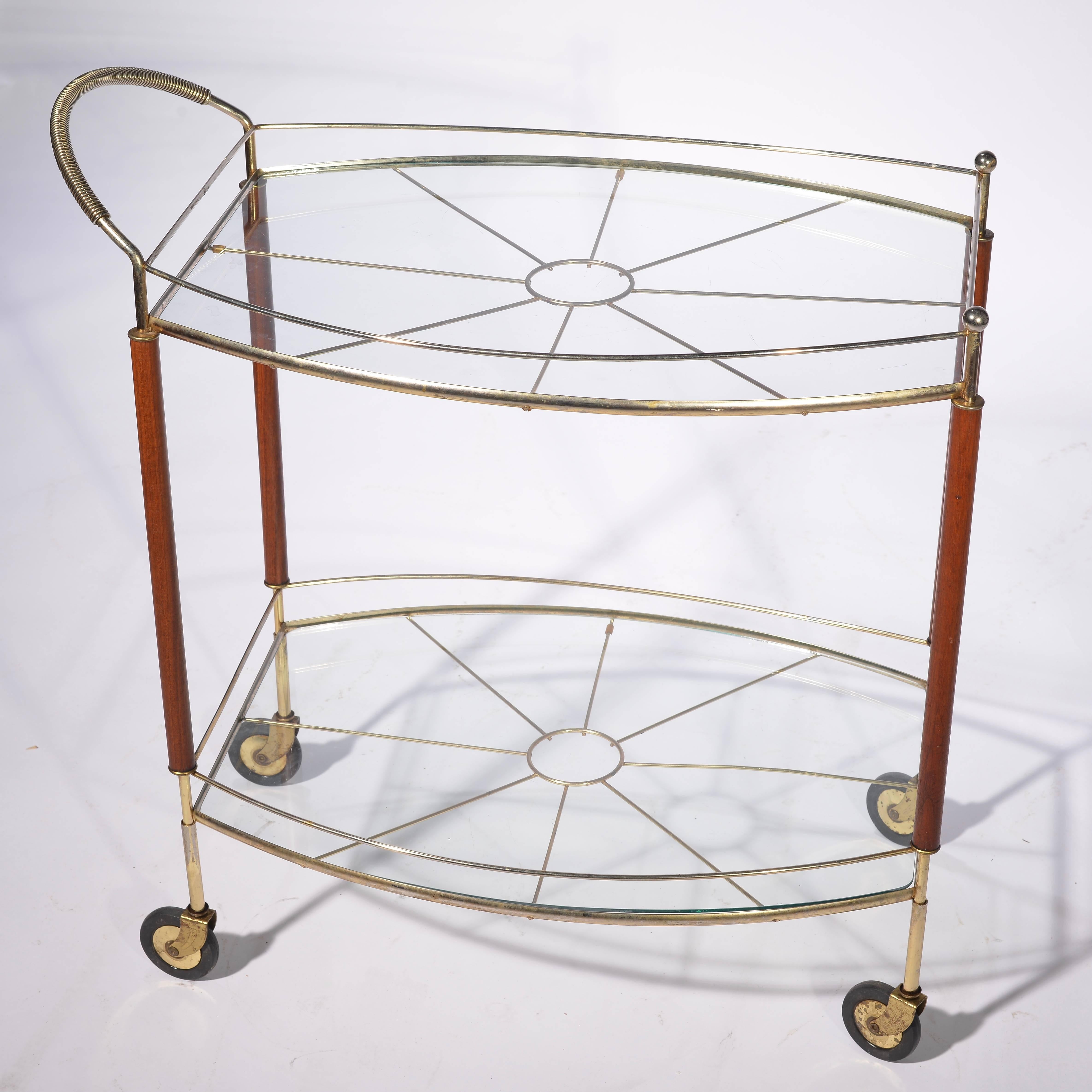 Italian Brass and Teak Bar Cart In Good Condition In Los Angeles, CA