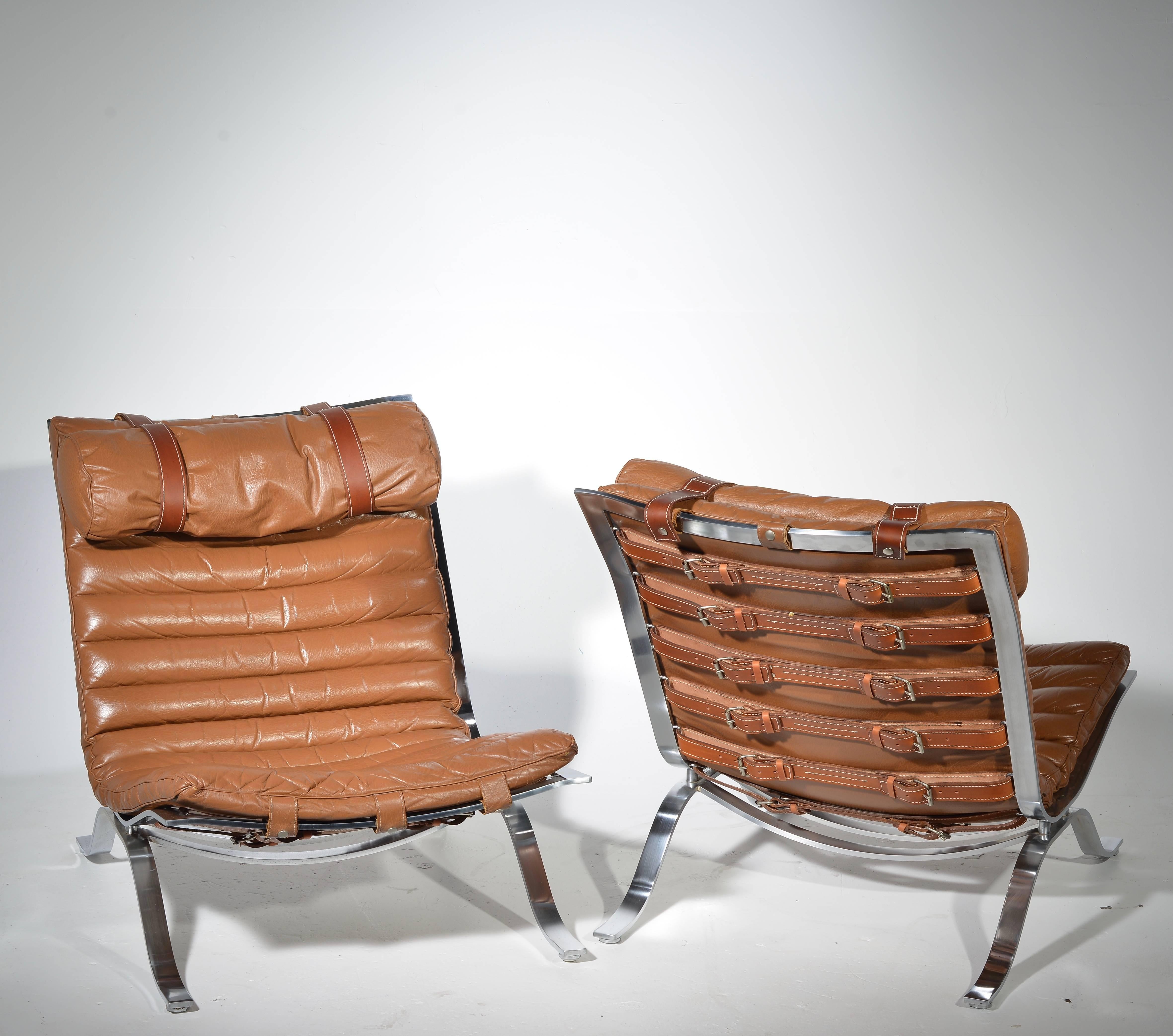 Scandinavian Modern Arne Norell Ari Easy Chairs in Cognac Leather by Norell AB in Sweden