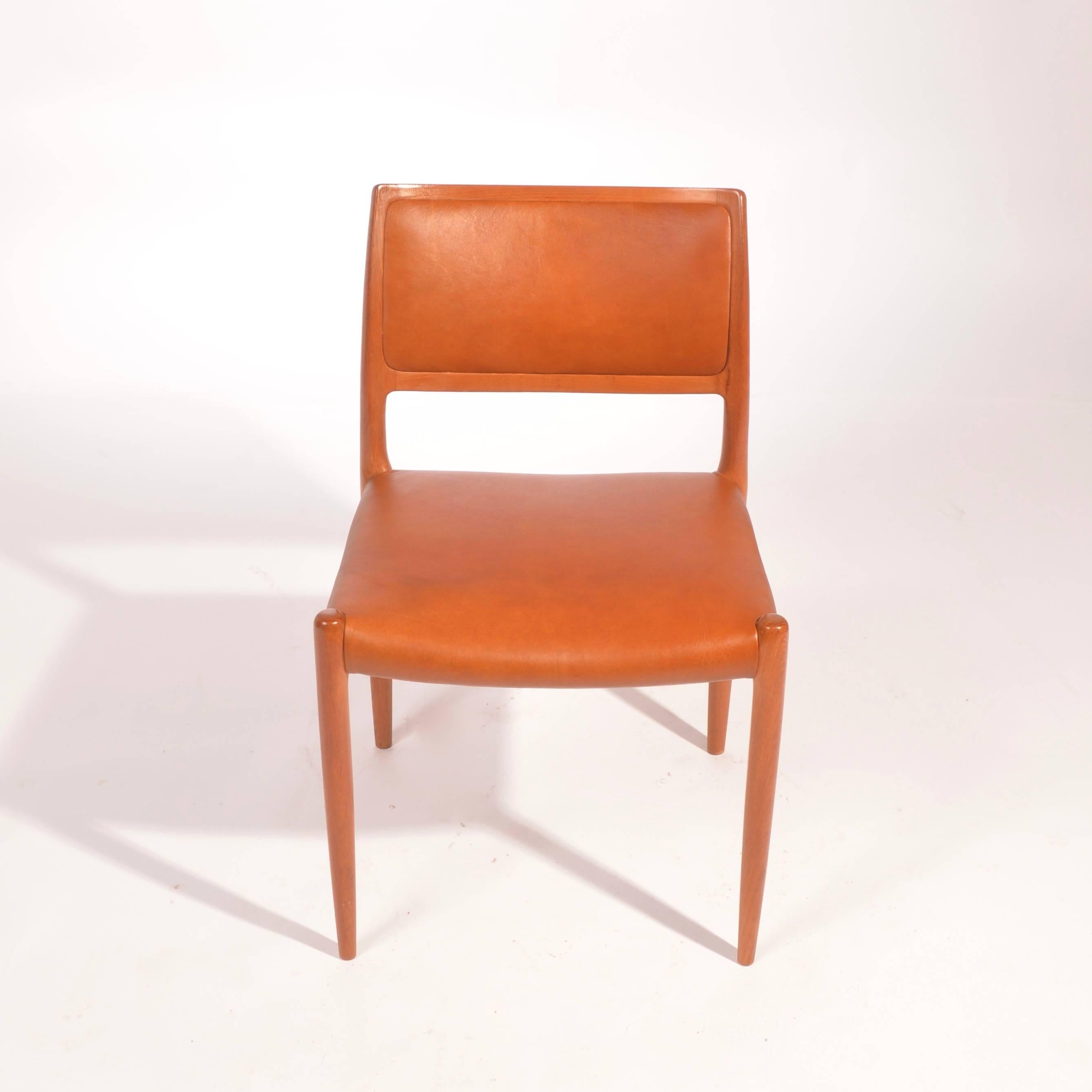 Scandinavian Modern Set of 6 J.L. Møller Model 80 Dining Chairs by Niels Møller in Leather