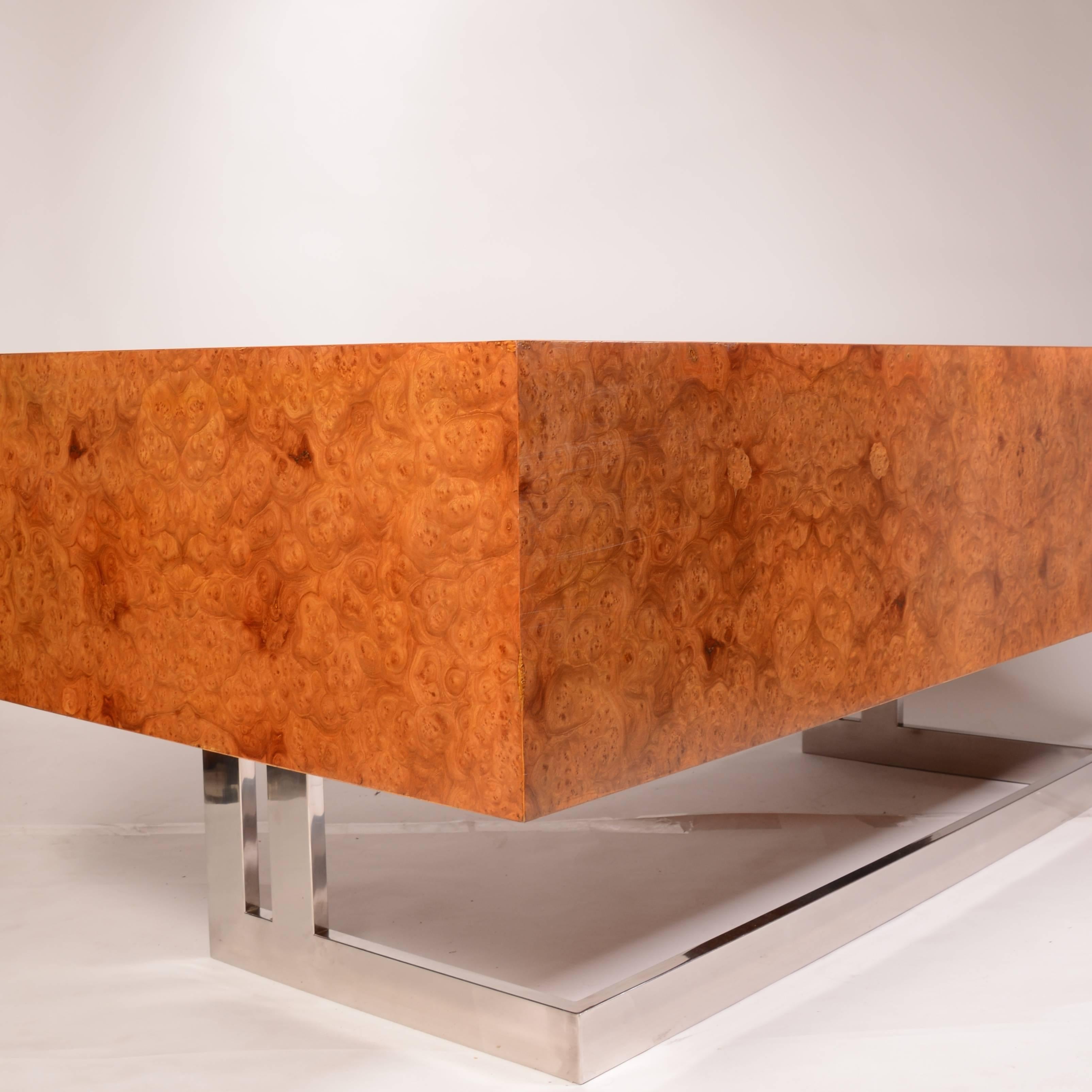 Late 20th Century Milo Baughman Style Burl Olive and Chrome Executive Desk with Leather Top