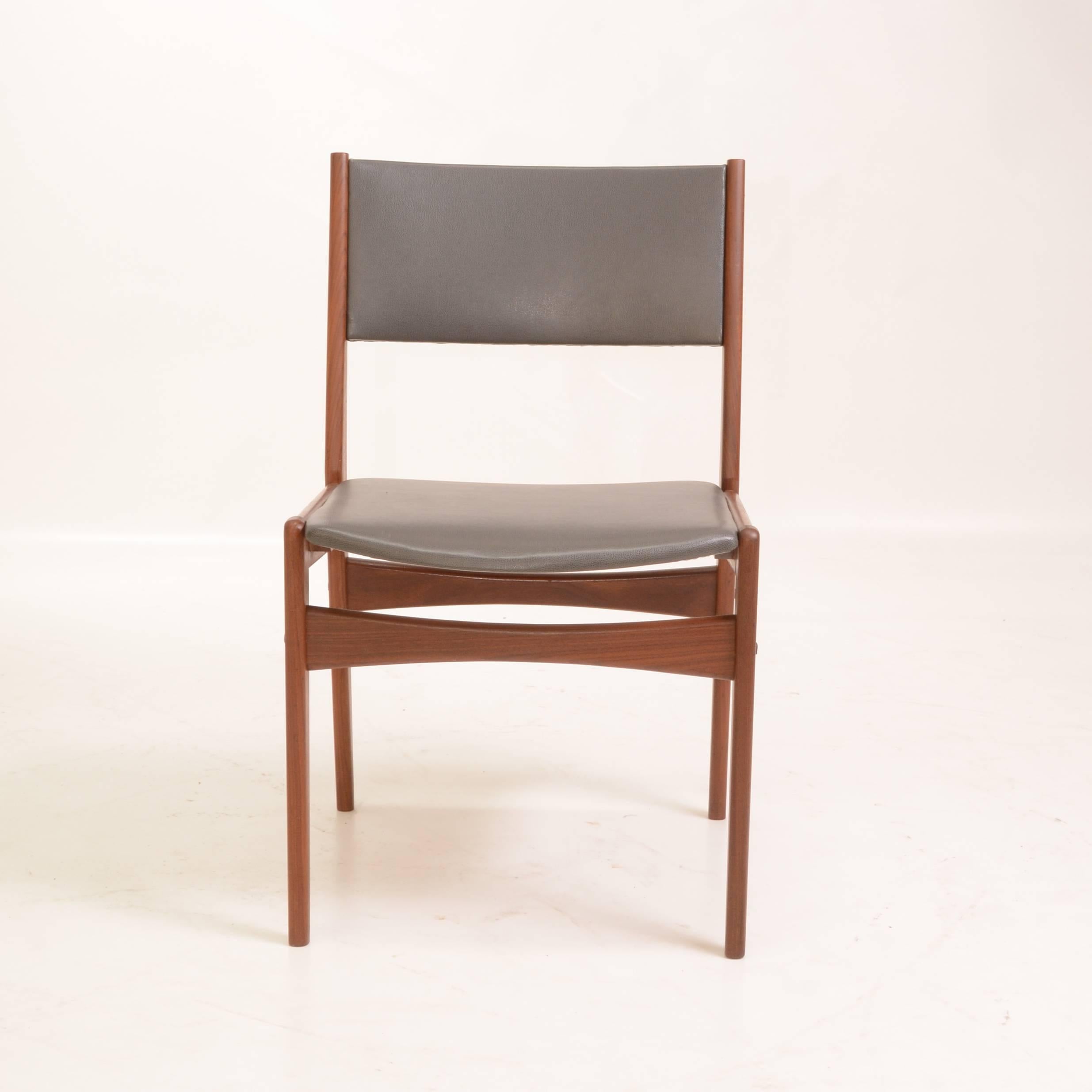 Set of 6, Danish modern dining chairs by Hans Olsen for Frem Rojle are newly restored teak with gray vinyl upholstered seats and backrests.