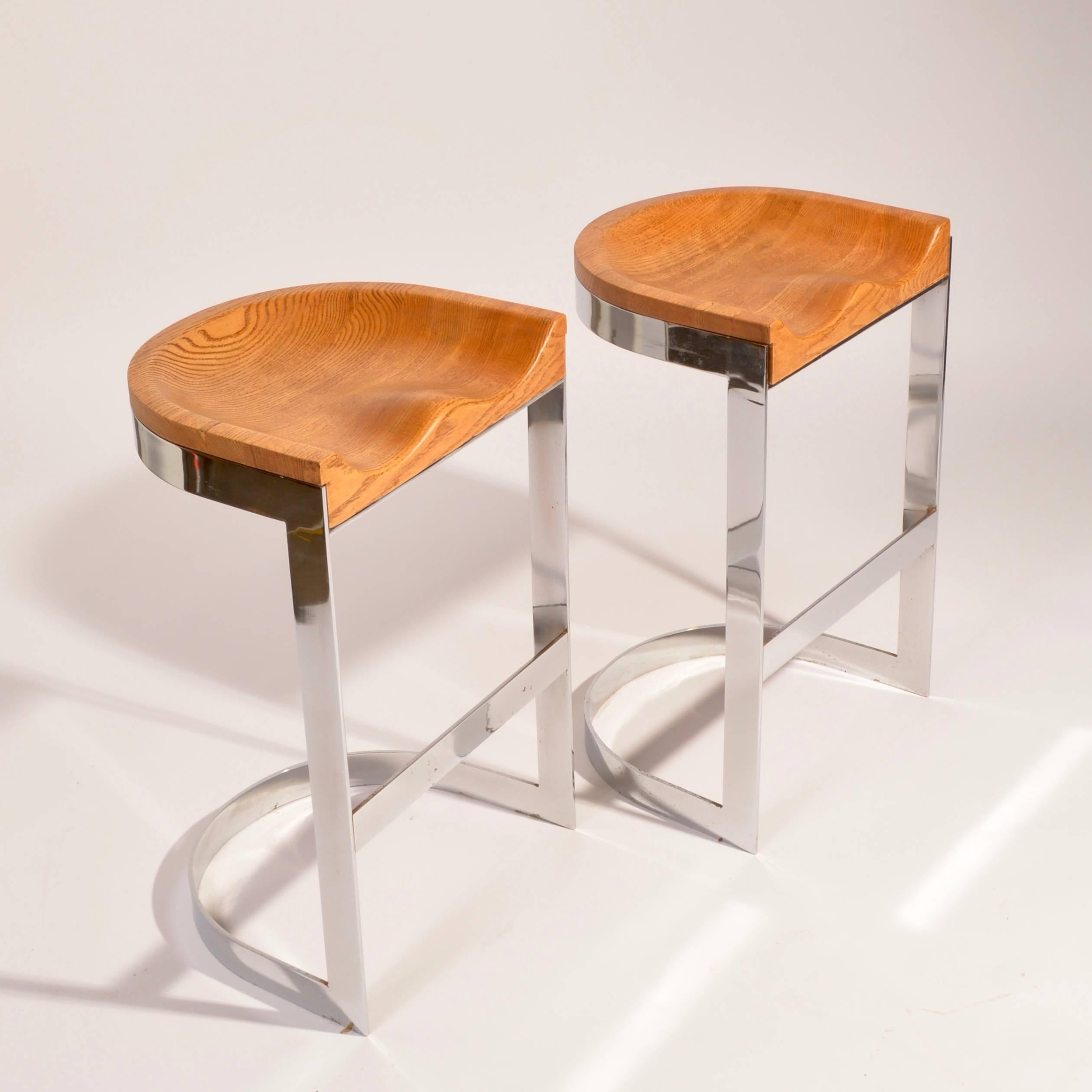 American 3 Pair of Oak and Chrome Counter Stools by Warren Bacon For Sale