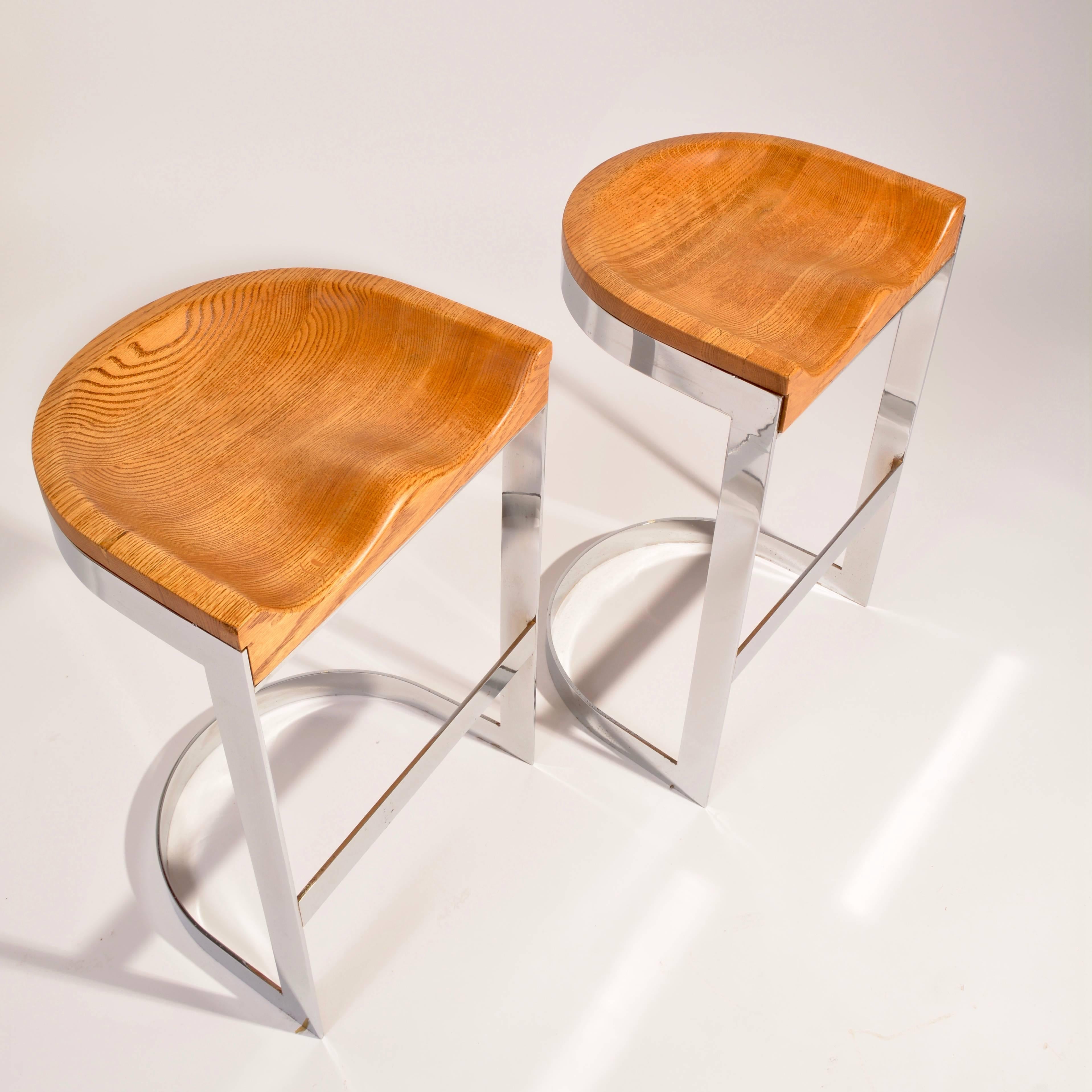 Late 20th Century 3 Pair of Oak and Chrome Counter Stools by Warren Bacon For Sale