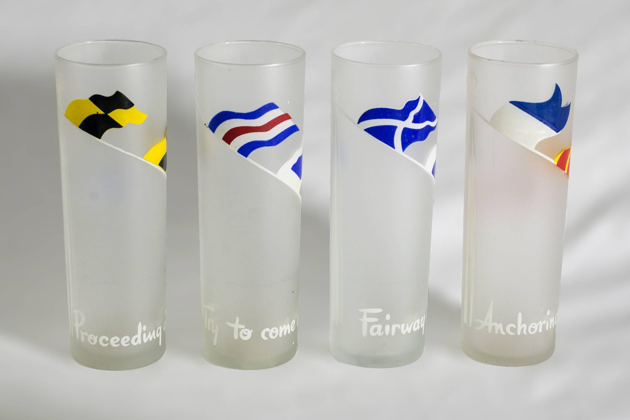 American Set of Eight Nautical Signal Flag Tom Collins Glasses with Boat Form Caddy