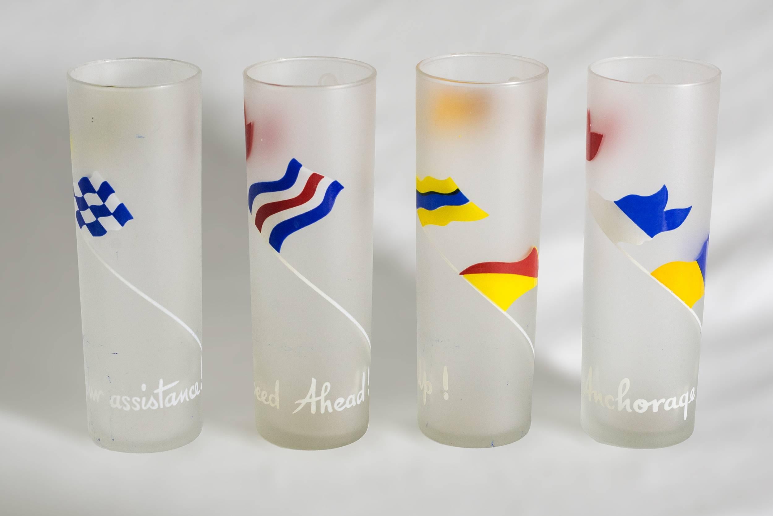 Set of Eight Nautical Signal Flag Tom Collins Glasses with Boat Form Caddy In Excellent Condition In Nantucket, MA