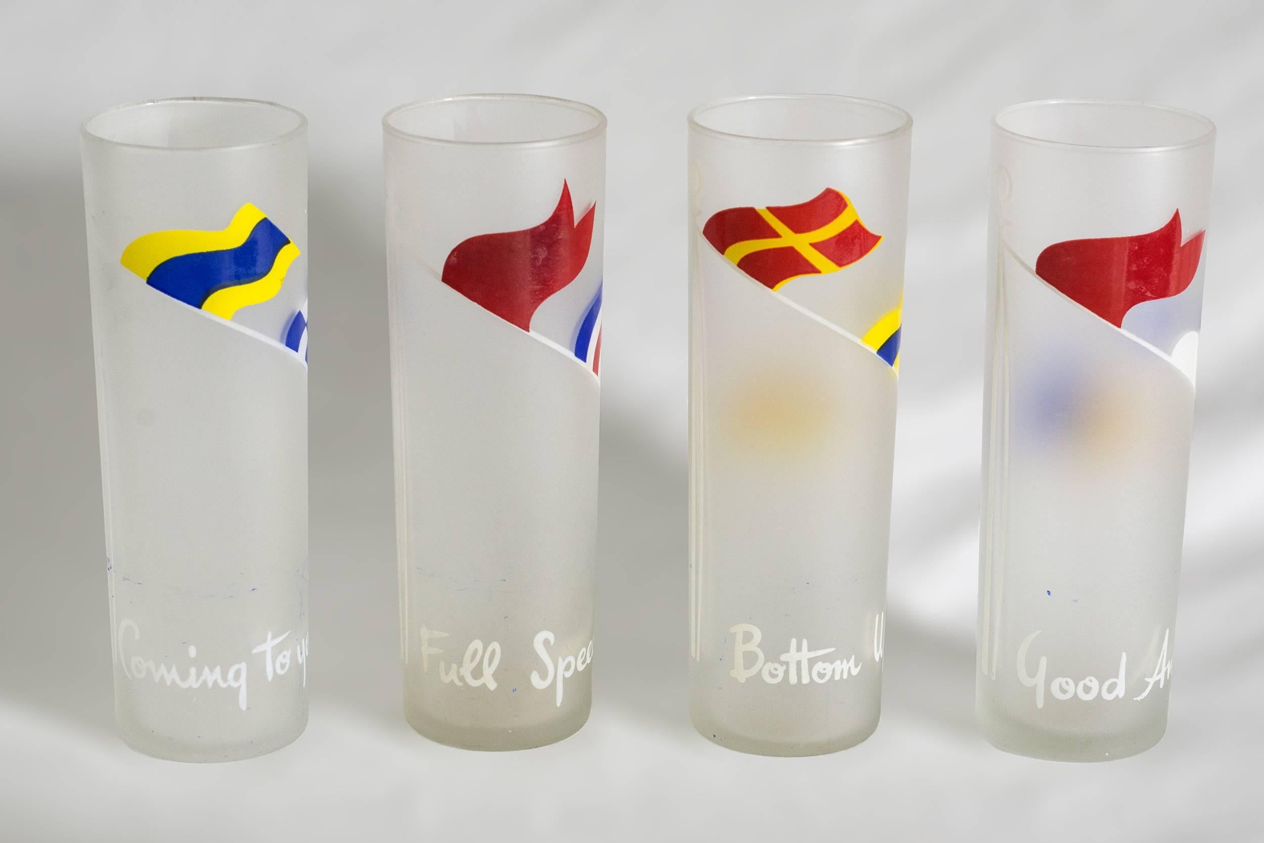 20th Century Set of Eight Nautical Signal Flag Tom Collins Glasses with Boat Form Caddy