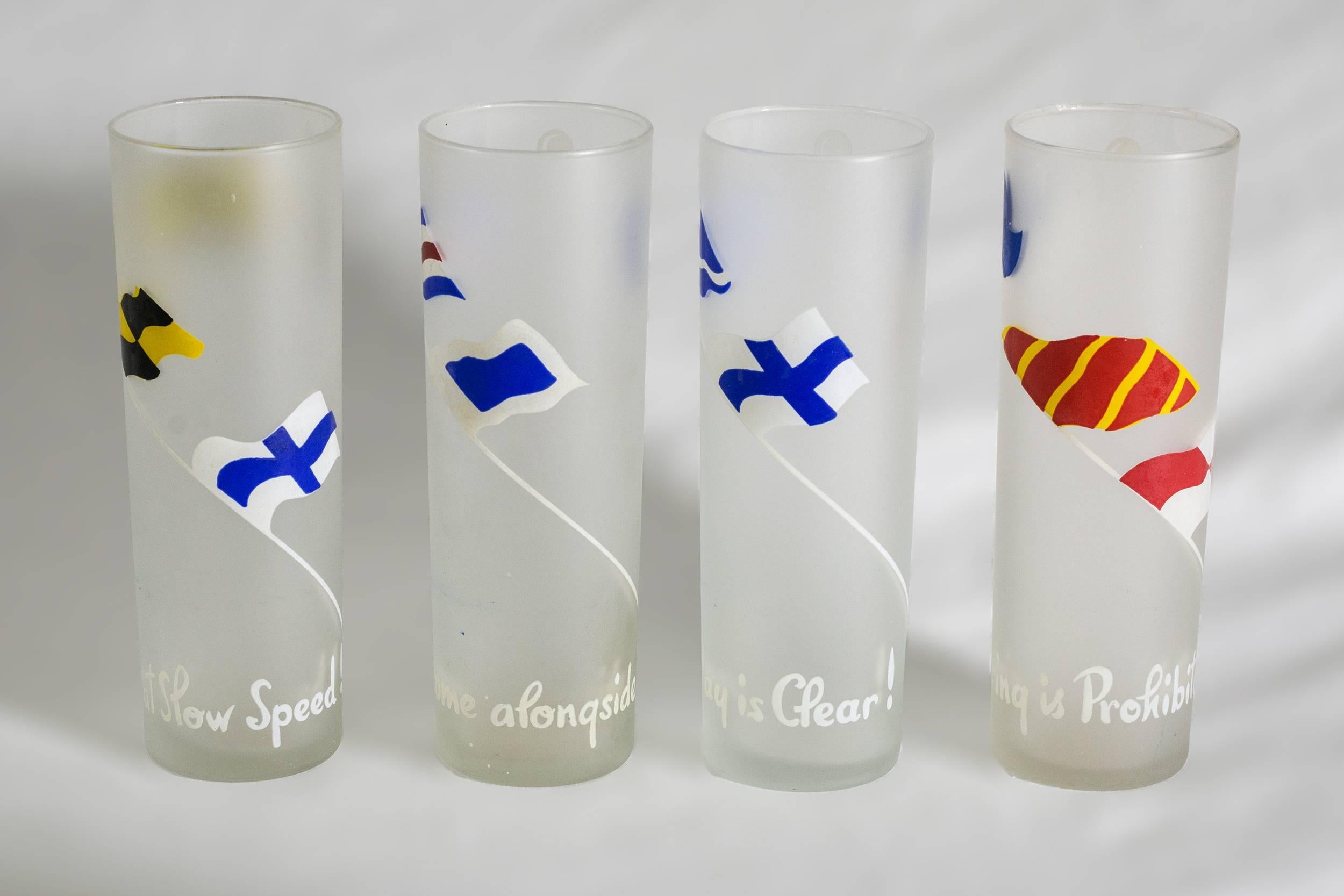 Mid-Century Modern Set of Eight Nautical Signal Flag Tom Collins Glasses with Boat Form Caddy