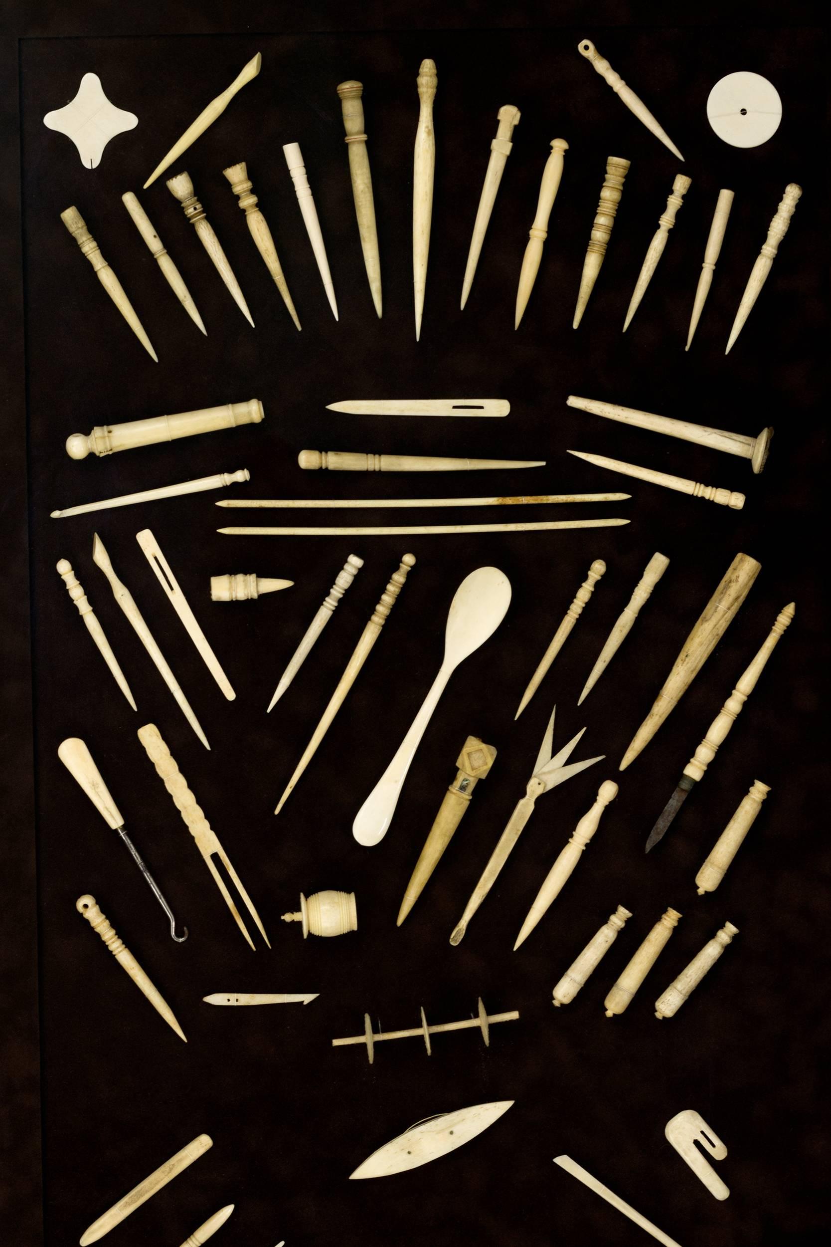 Impressive Shadow Box of 19th Century Sewing Tools In Excellent Condition In Nantucket, MA