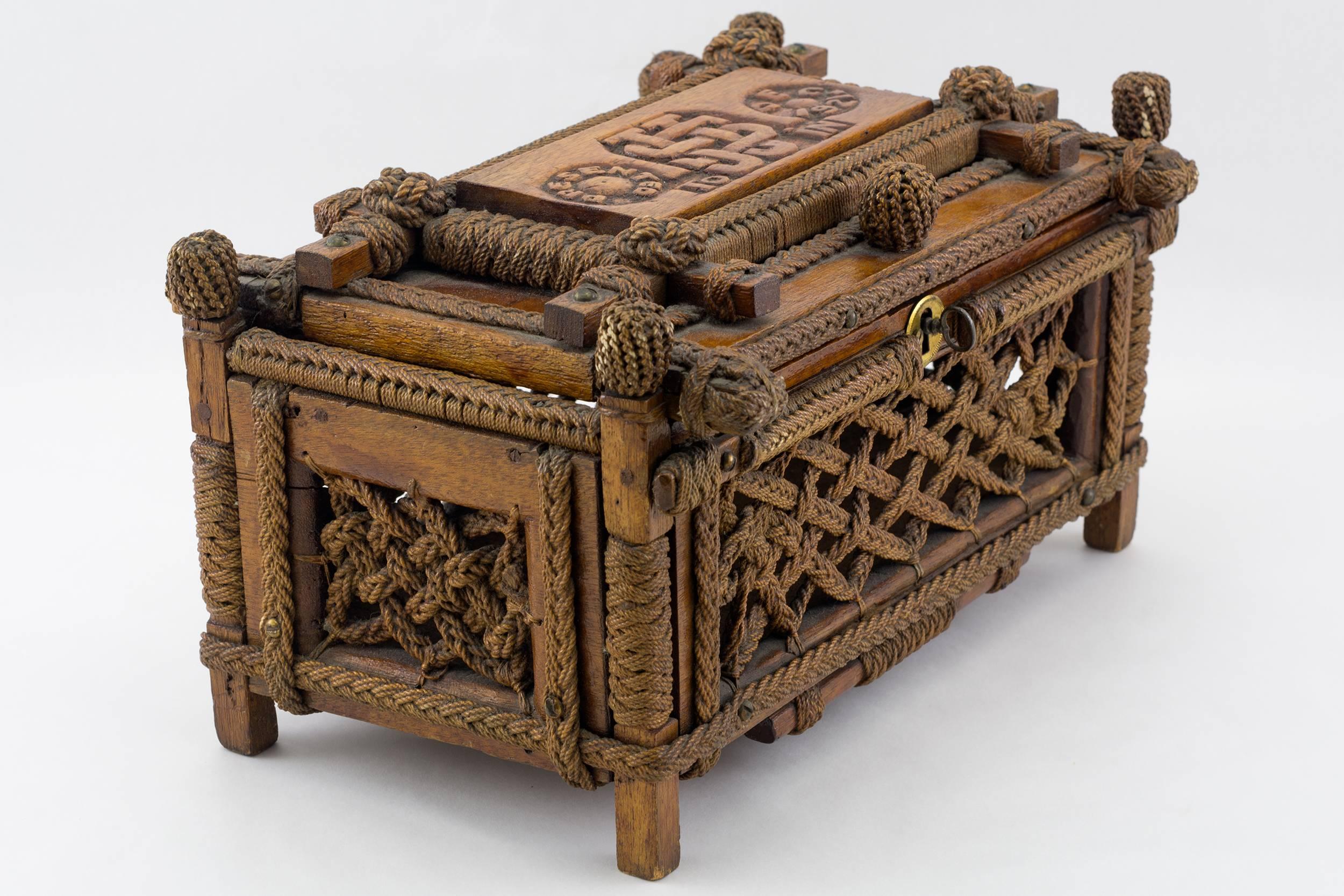 Folk Art Mahogany and Macrame' Keepsake Box