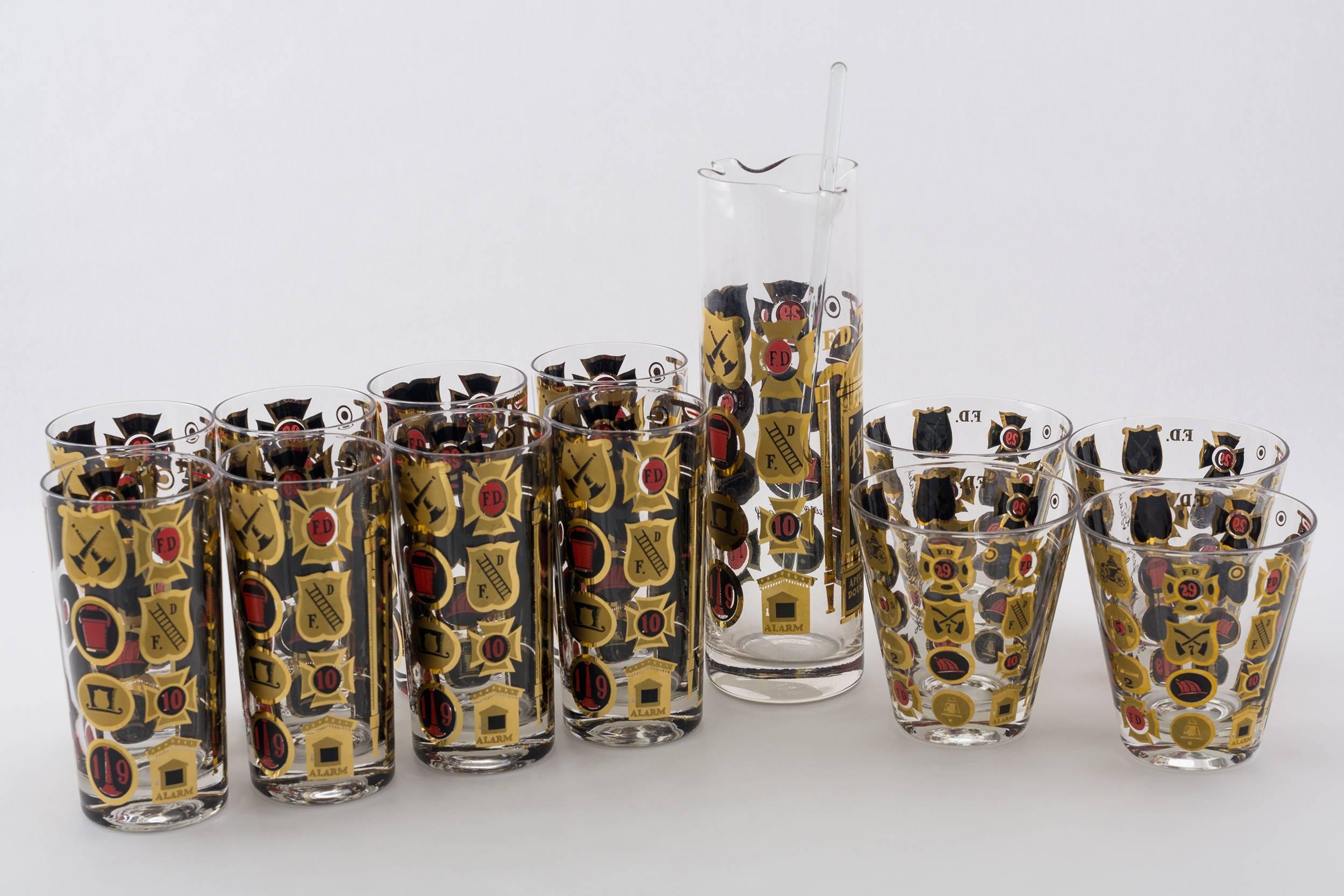 Set of 13 “Thirst Extinguisher” pattern cocktail set. The set includes eight highballs, four double old Fashioneds and a cocktail pitcher. All decorated in 22-karat gold with black and red enamel. Each piece with a fire extinguisher on the front and