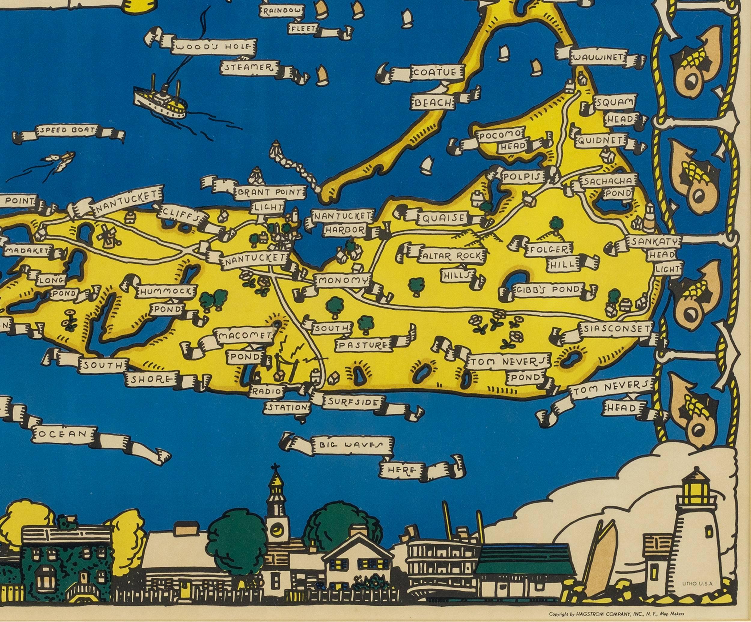 Folk Art Rare Decorative Map of Nantucket Designed Jack Atherton, circa 1937