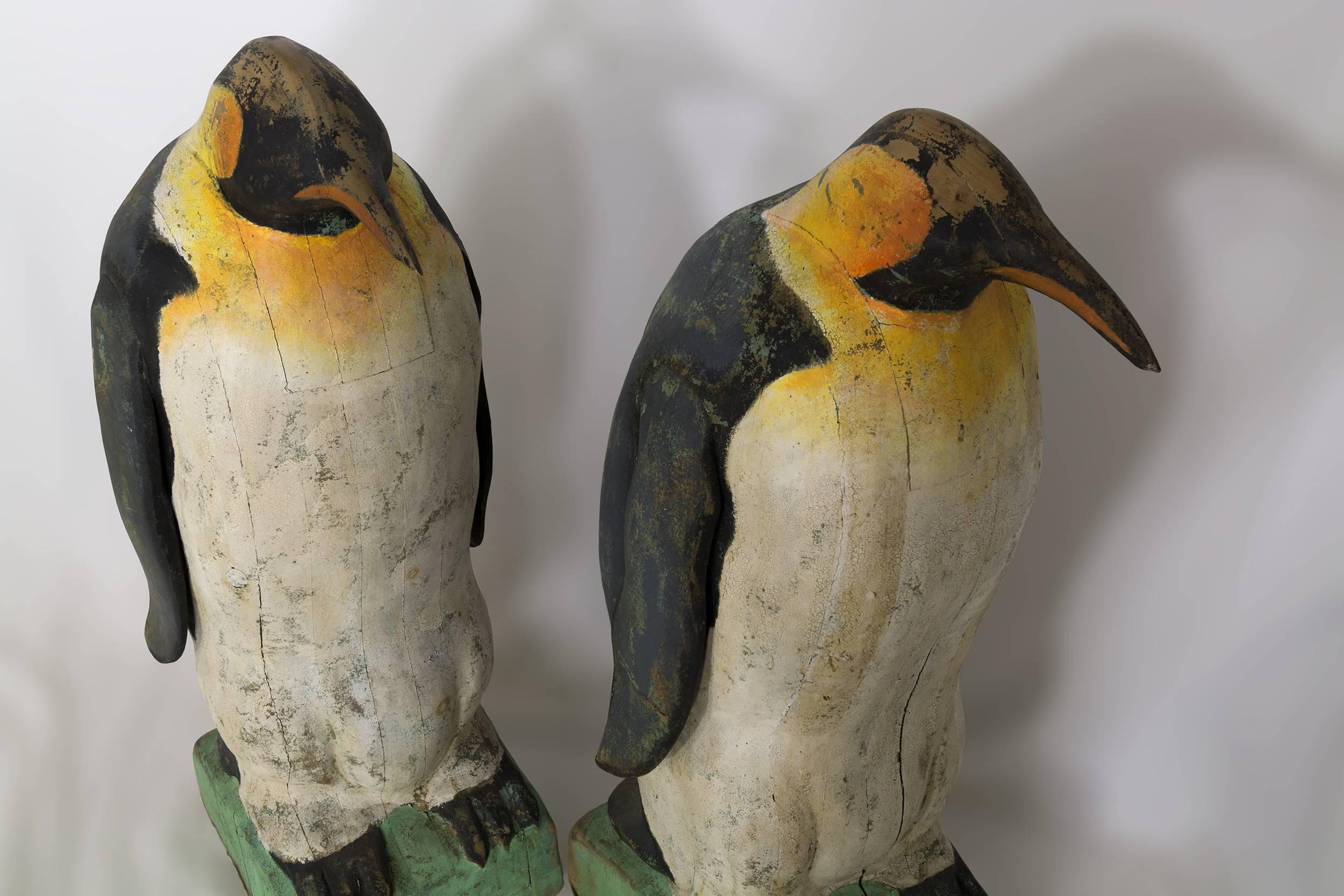 Folk Art Pair of Large Carved Penguins